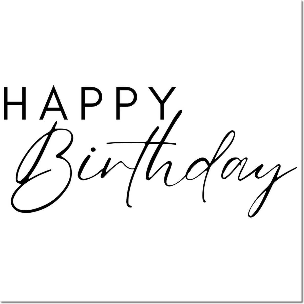 Happy Birthday rubber stamp design in elegant script for birthday cards, invitations, gift tags, and party packaging.