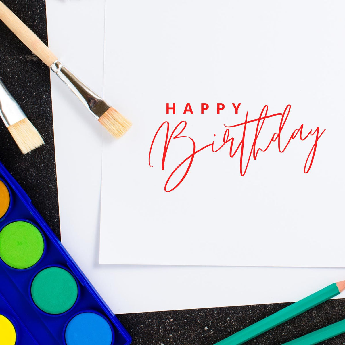Happy Birthday Sweeping Script rubber stamp shown in red ink, stamped for projects such as board year album page.