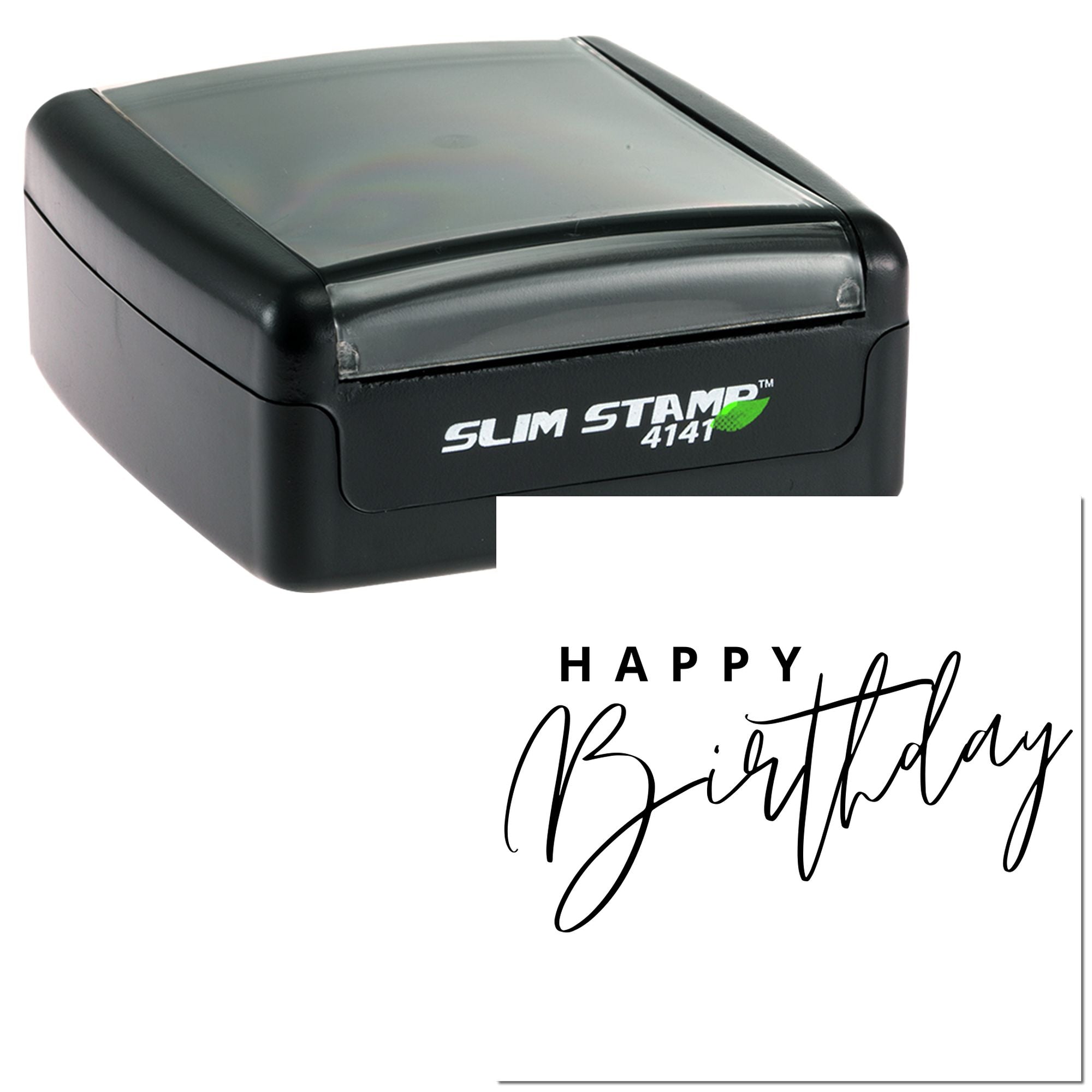 Slim Stamp 4141 self-inking rubber stamp with Happy Birthday imprint for custom birthday cards.