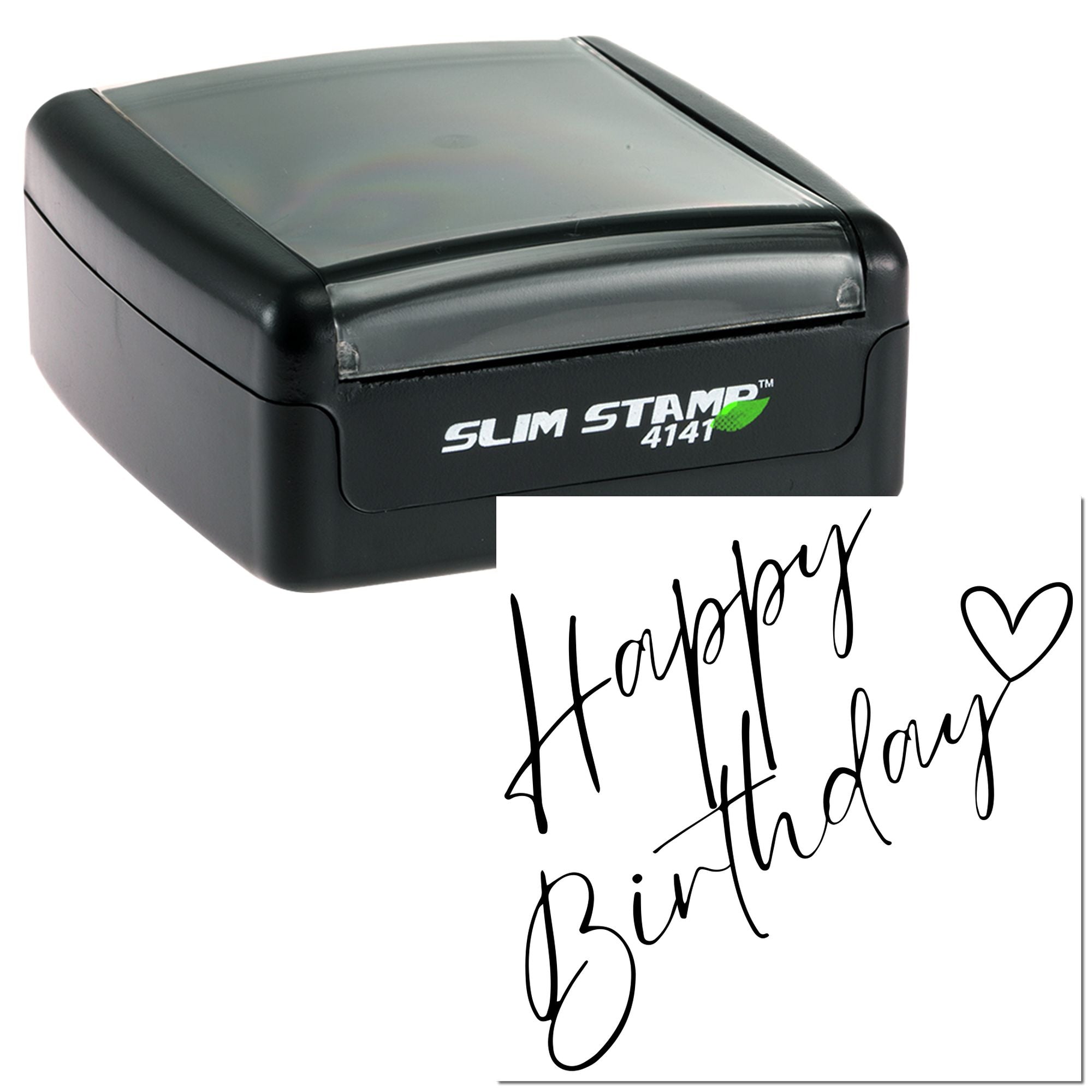 Slim Stamp rubber stamp with Happy Birthday and heart design for birthday cards, crafts, and personalized packaging.