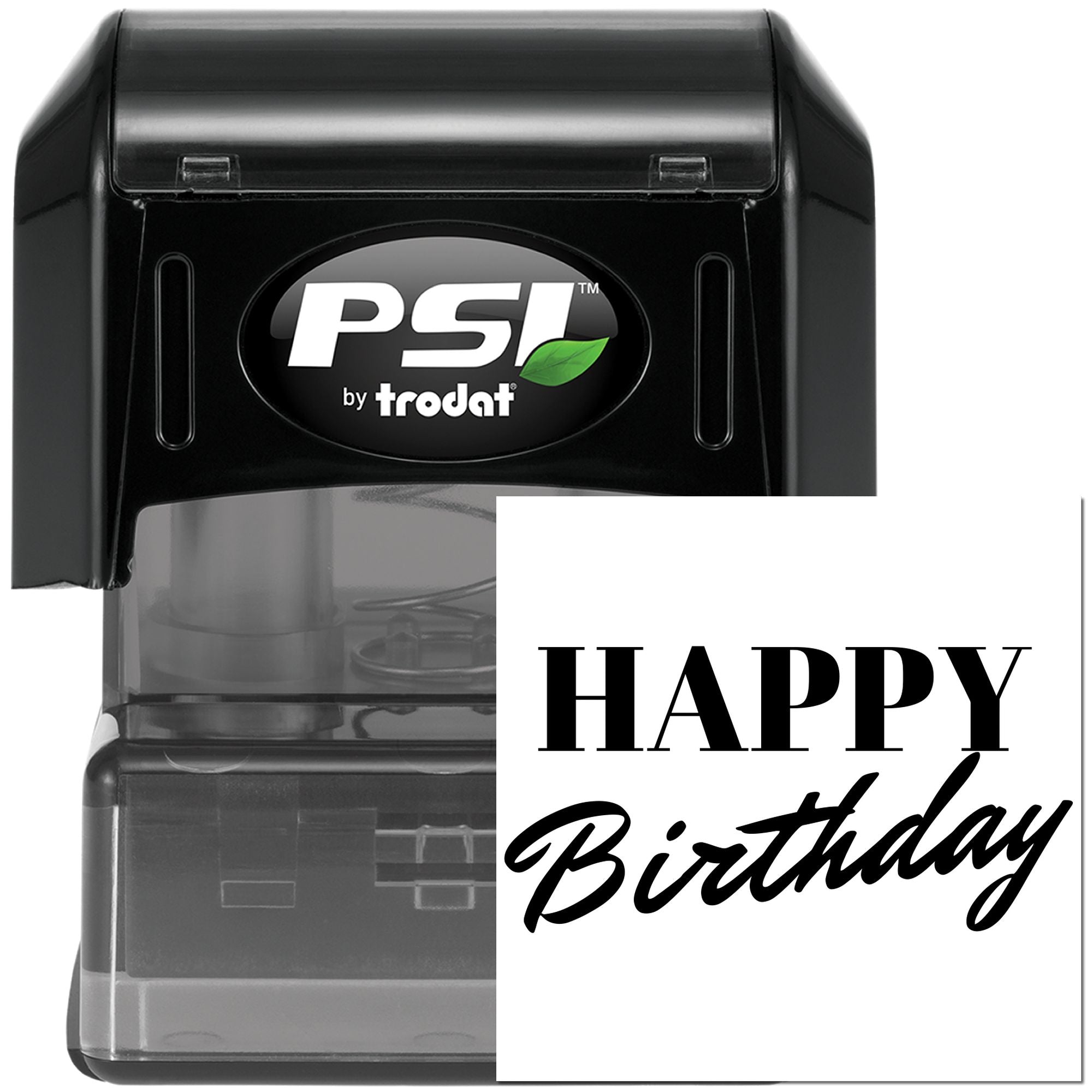 PSI by Trodat self-inking rubber stamp with Happy Birthday imprint for personalized birthday cards and party invitations.