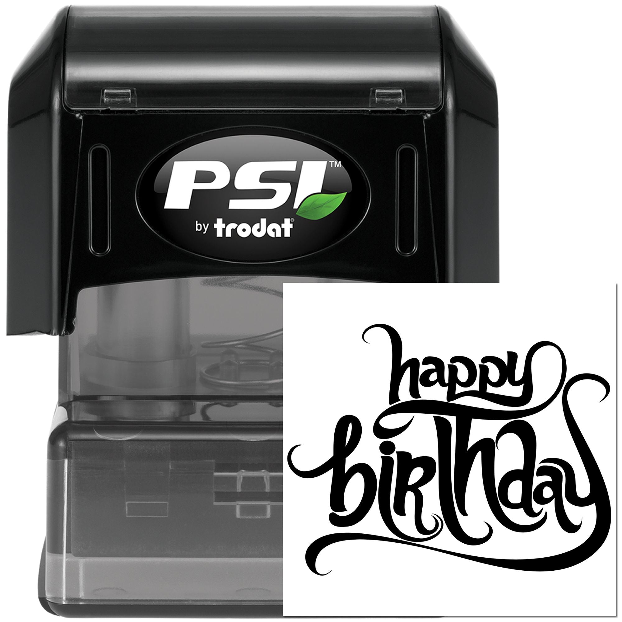 PSI by Trodat self-inking rubber stamp featuring a custom Happy Birthday design for cards, invitations, and crafts.