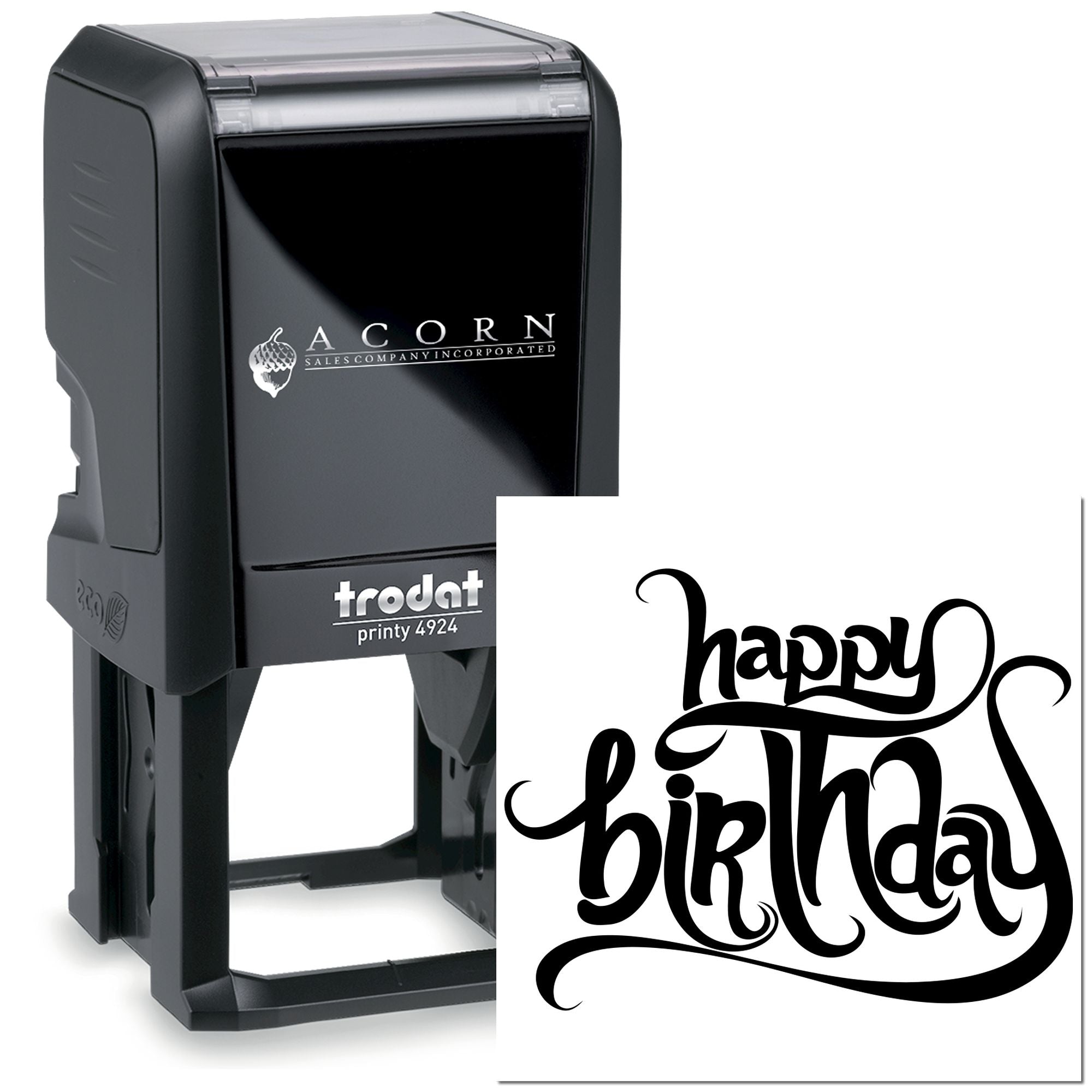 Trodat Printy self-inking rubber stamp with custom happy birthday design for cards, party favors, and craft projects.