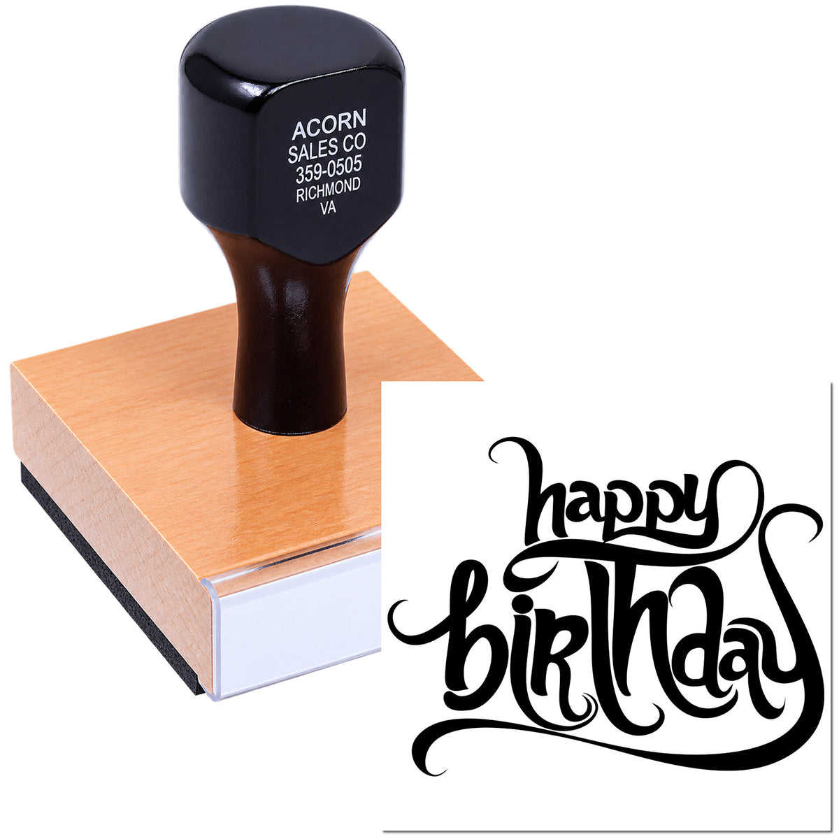 Custom birthday rubber stamp with decorative happy birthday design for greeting cards and party crafts.