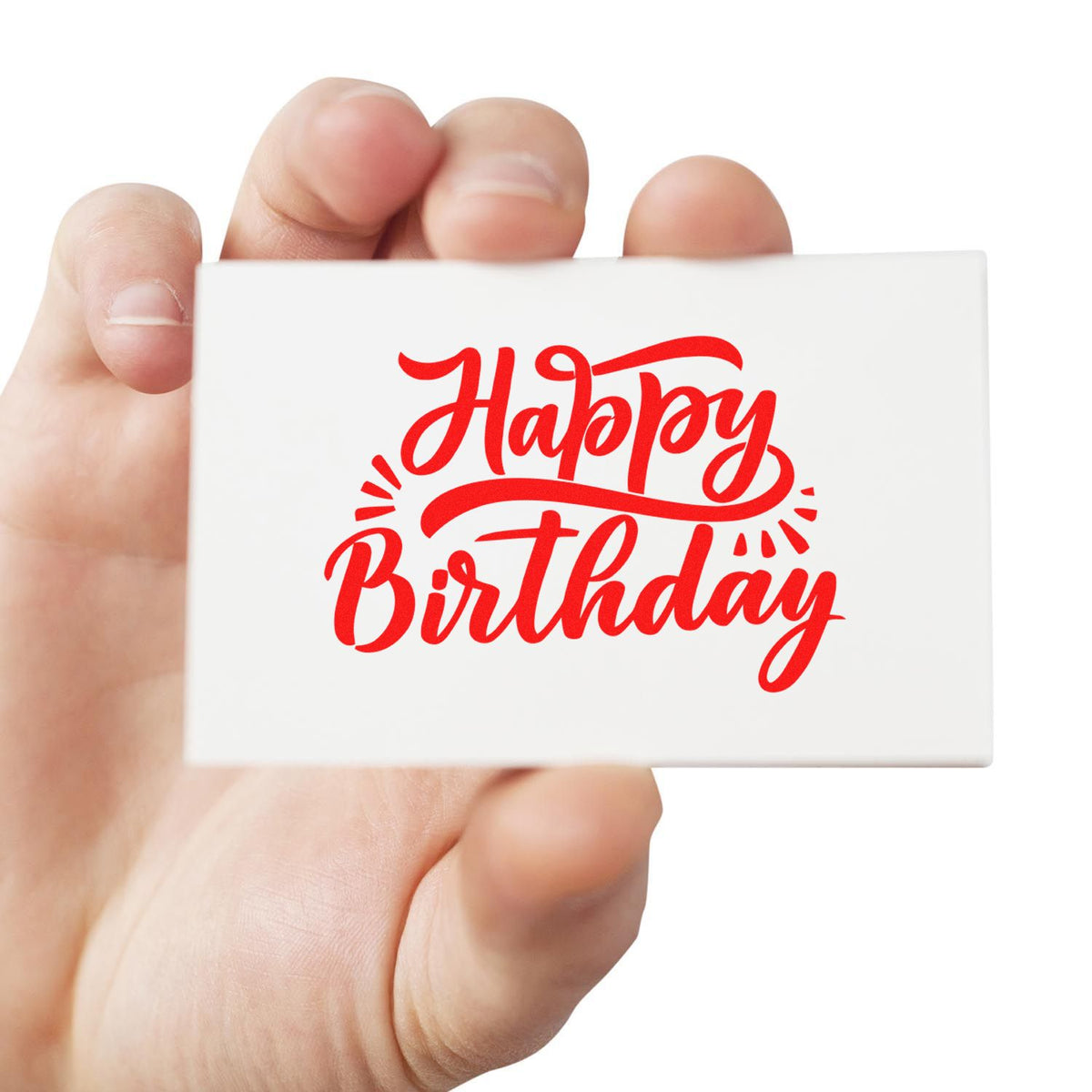 Happy Birthday rubber stamp with red script design, held in hand for custom birthday card crafting and party decorations