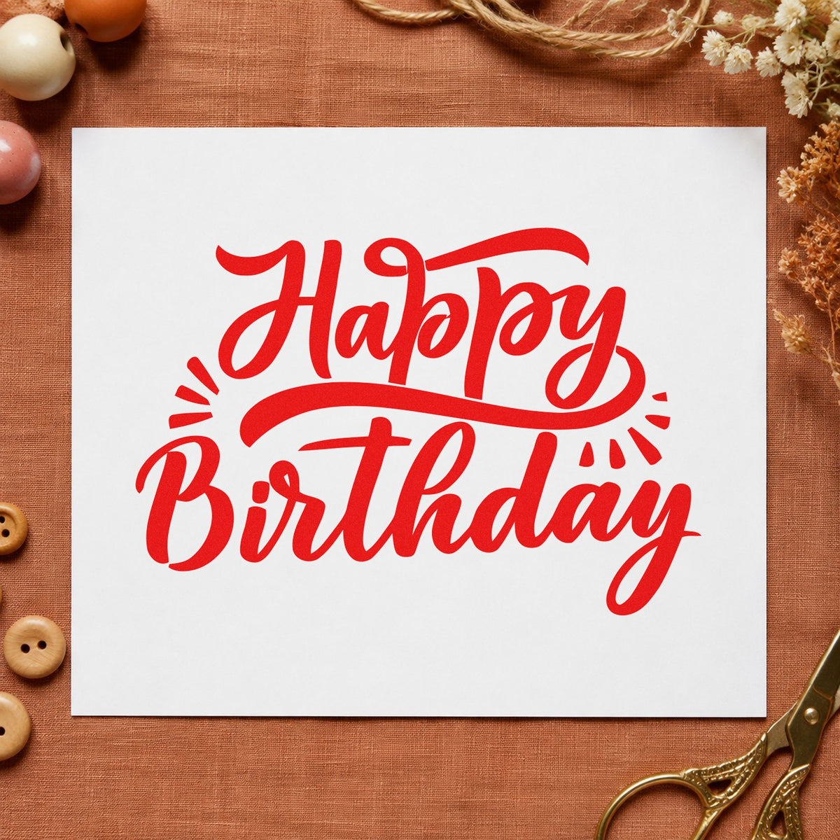 Happy Birthday Retro Flourishes craft stamp imprint in red ink on a handmade project, one idea being party info cards.