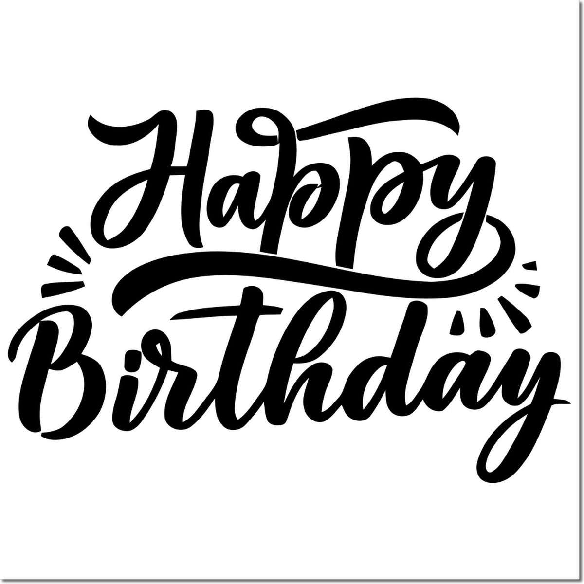 Happy Birthday script rubber stamp design with bold calligraphy and decorative flourishes for greeting cards and crafts.