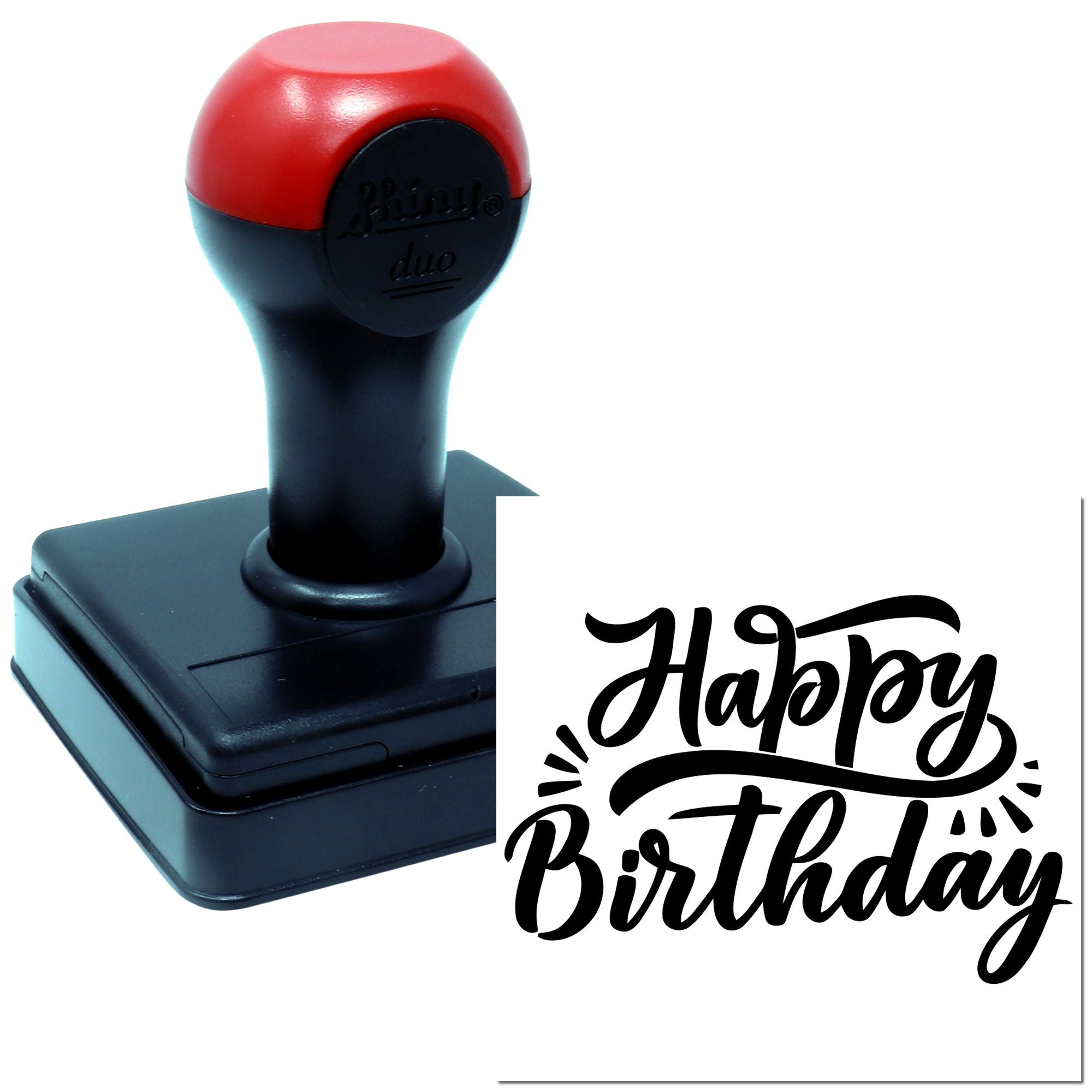 Self-inking rubber stamp with Happy Birthday script for custom birthday cards, party invitations, and crafting.