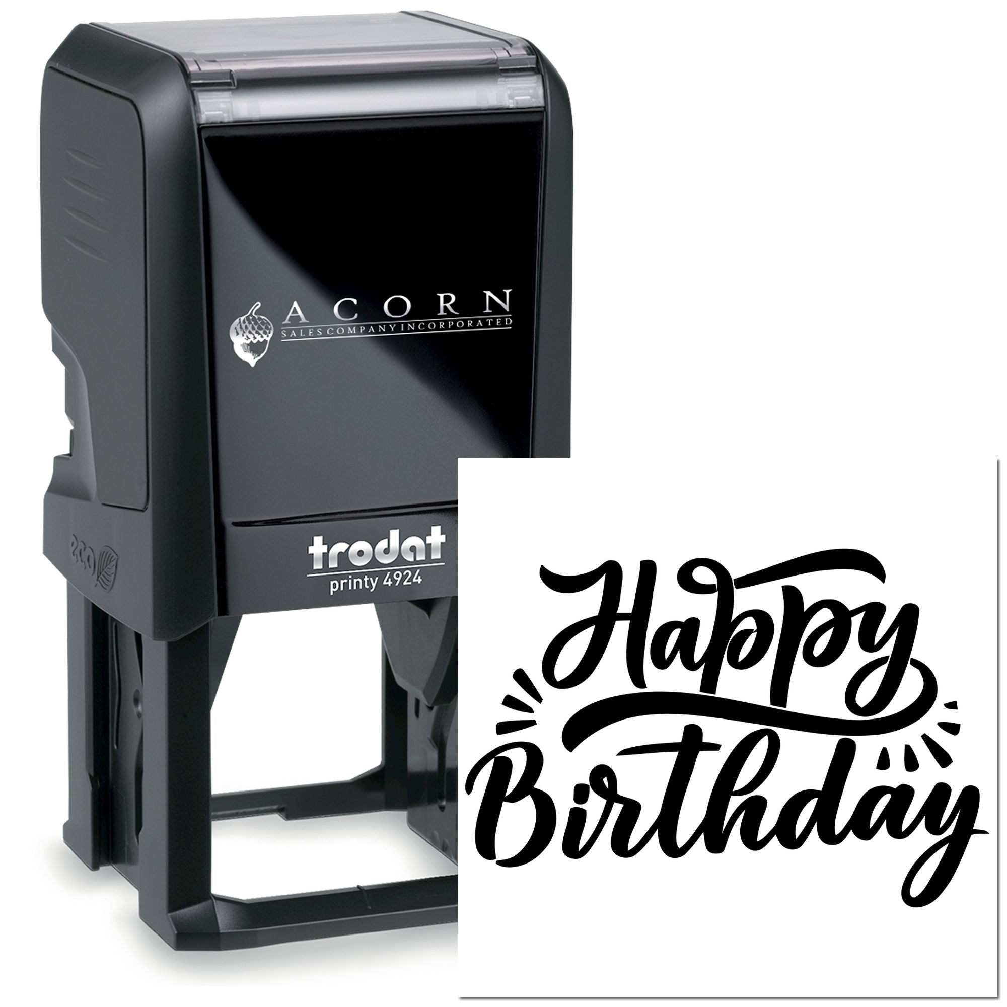Custom Happy Birthday rubber stamp, self-inking Trodat Printy 4924 for cards, gifts, and party packaging.