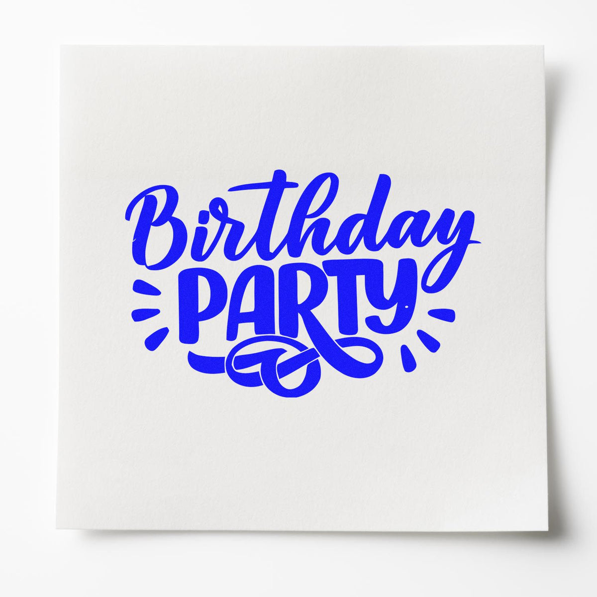 Birthday Party Bold Flourish rubber stamp shown in blue ink, stamped for projects such as pet party album page.