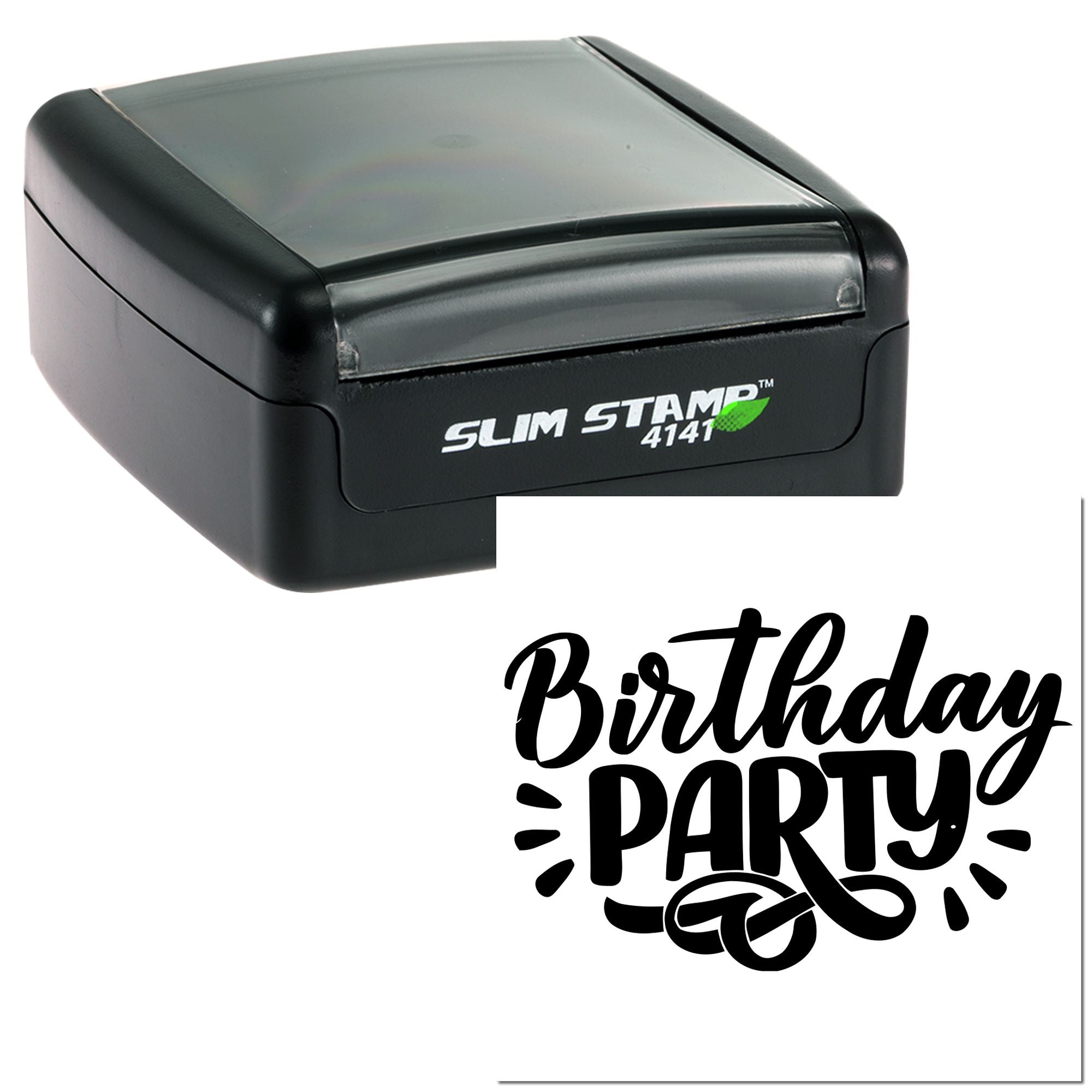 Slim Stamp 4141 self-inking rubber stamp featuring a Birthday Party design for custom cards, invitations, and event branding.