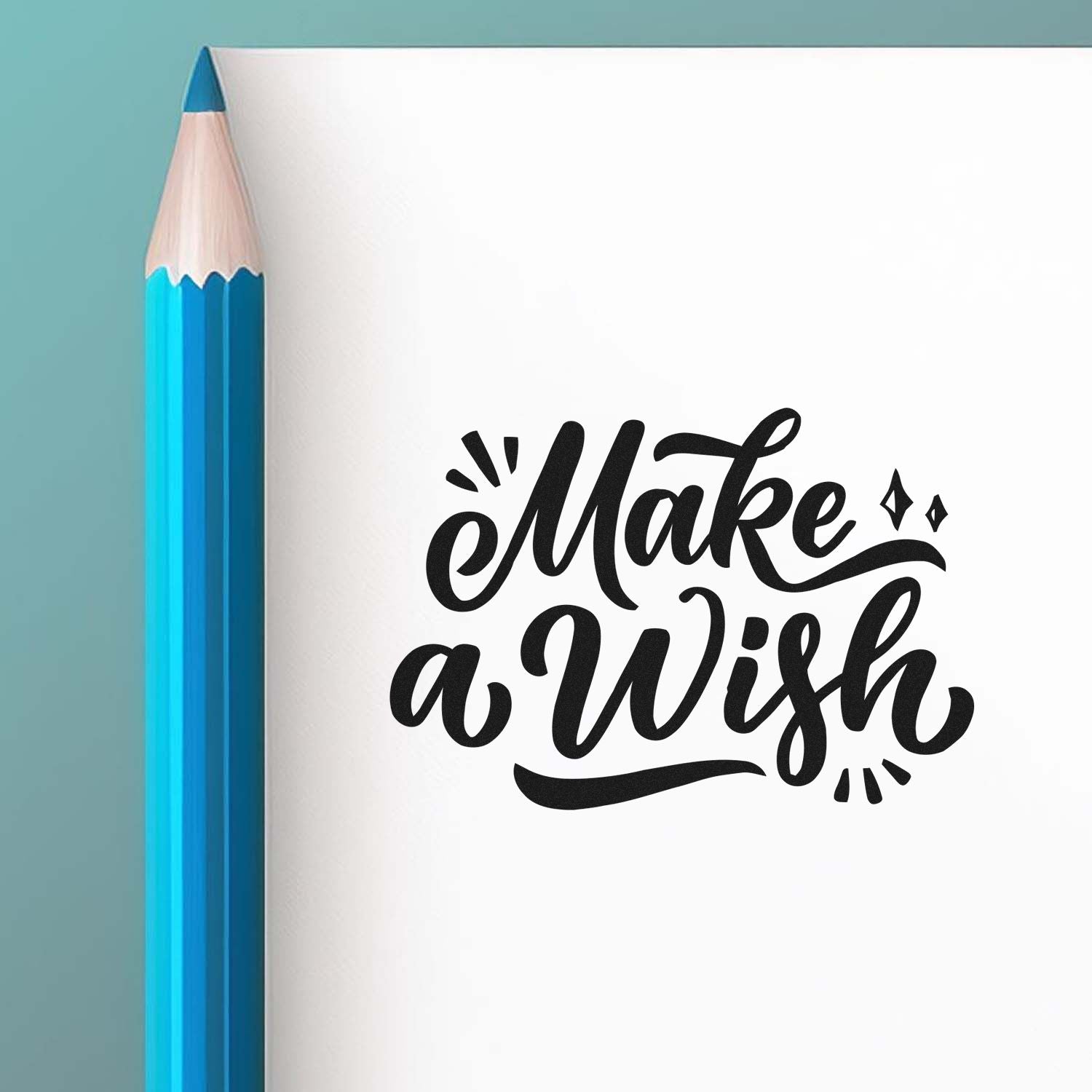 Make a Wish rubber stamp design mockup with hand-lettered script for crafts, journals, and celebration cards.