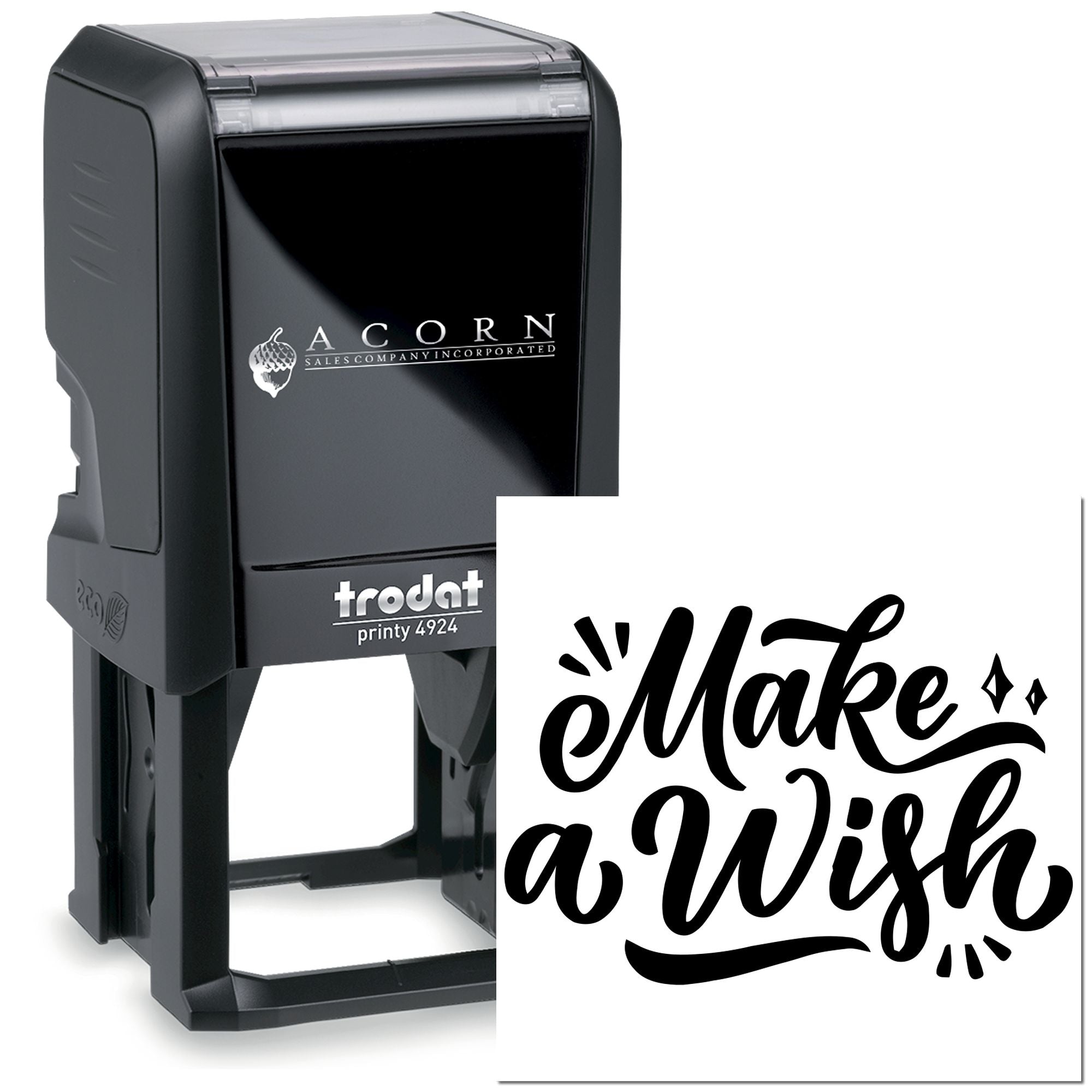 Trodat Printy 4924 self-inking rubber stamp with custom Make a Wish design for personalized crafts, packaging, or branding.