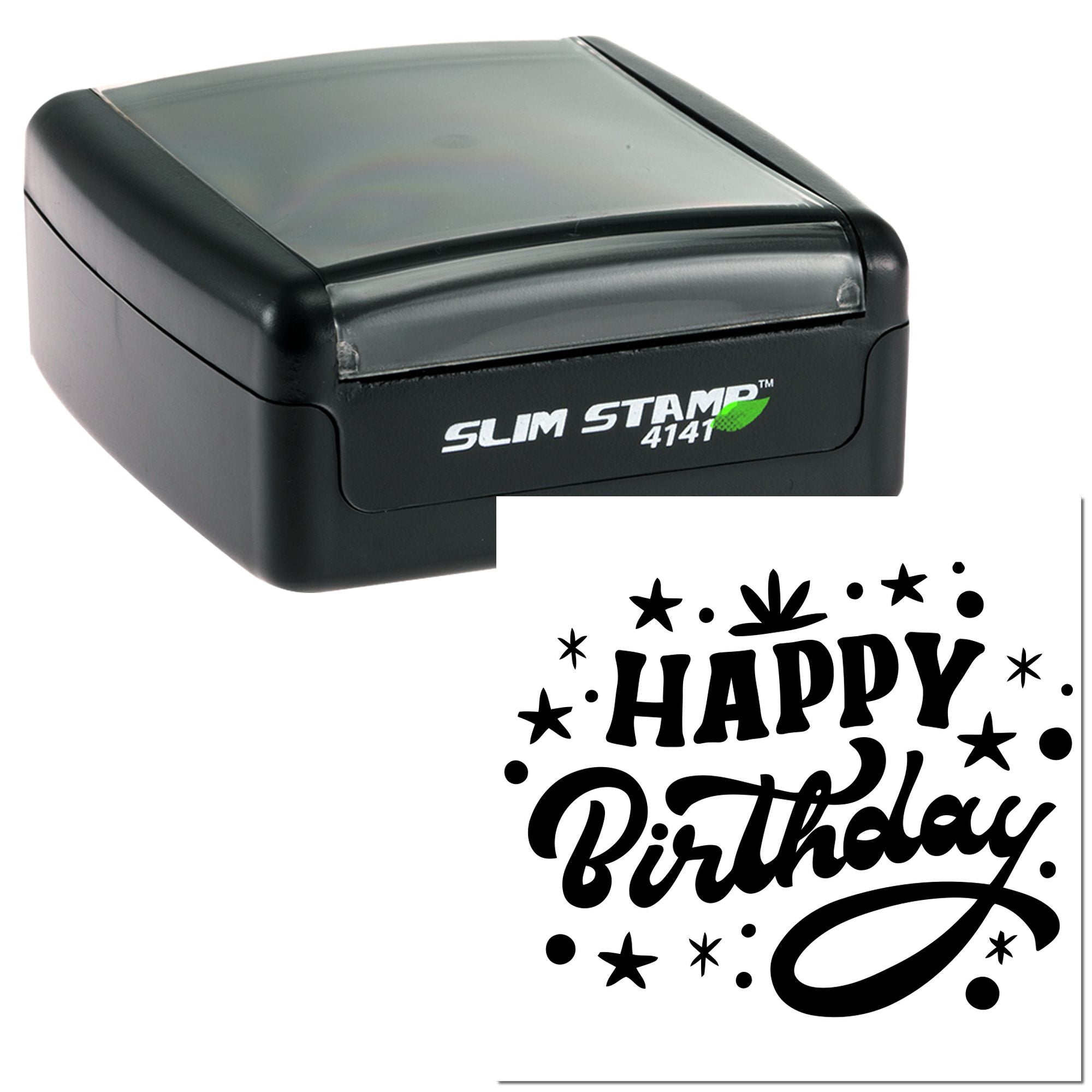 Slim Stamp 4141 self-inking rubber stamp featuring a Happy Birthday imprint for custom birthday cards and packaging.