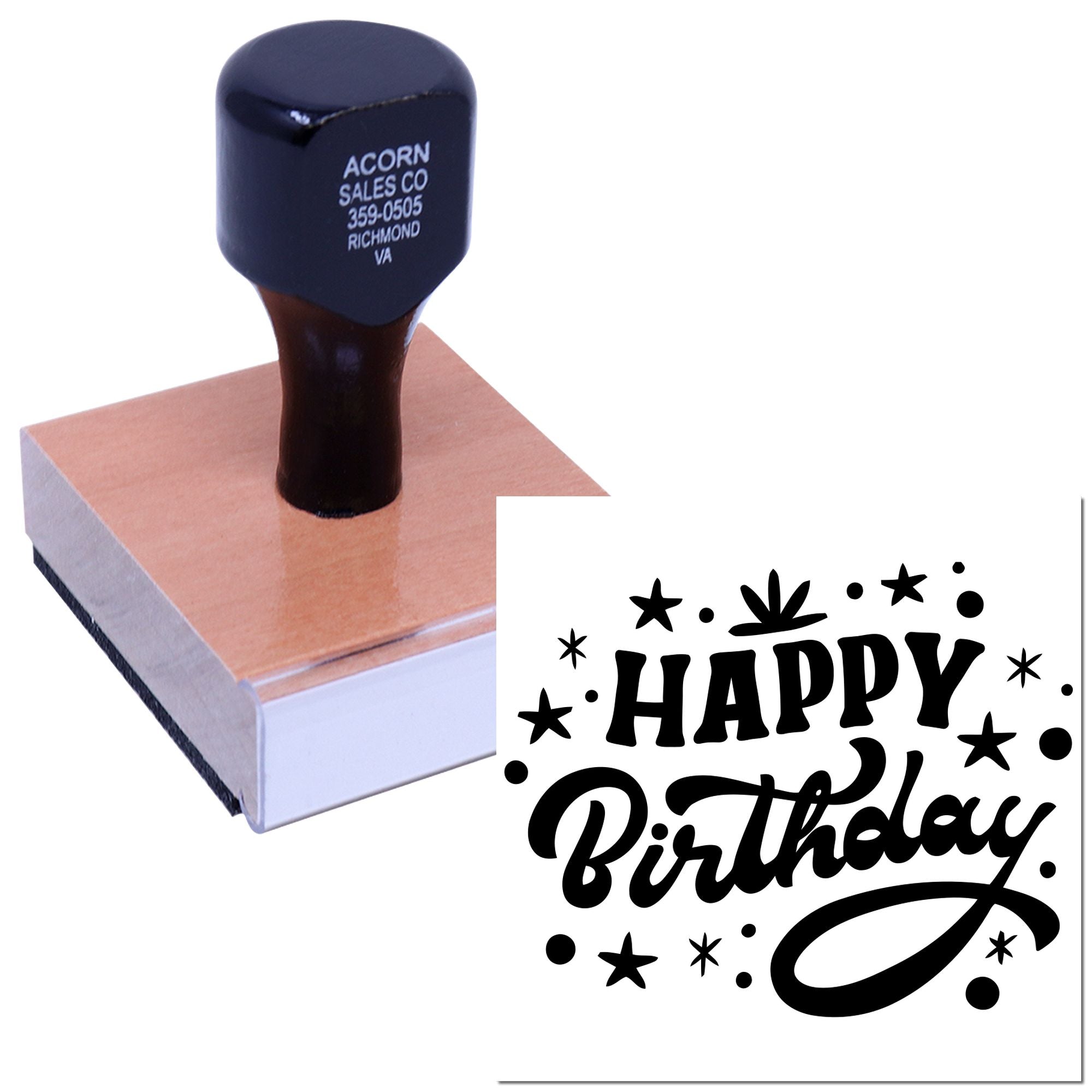 Custom Happy Birthday rubber stamp on wood block for greeting cards, invitations, and crafts.