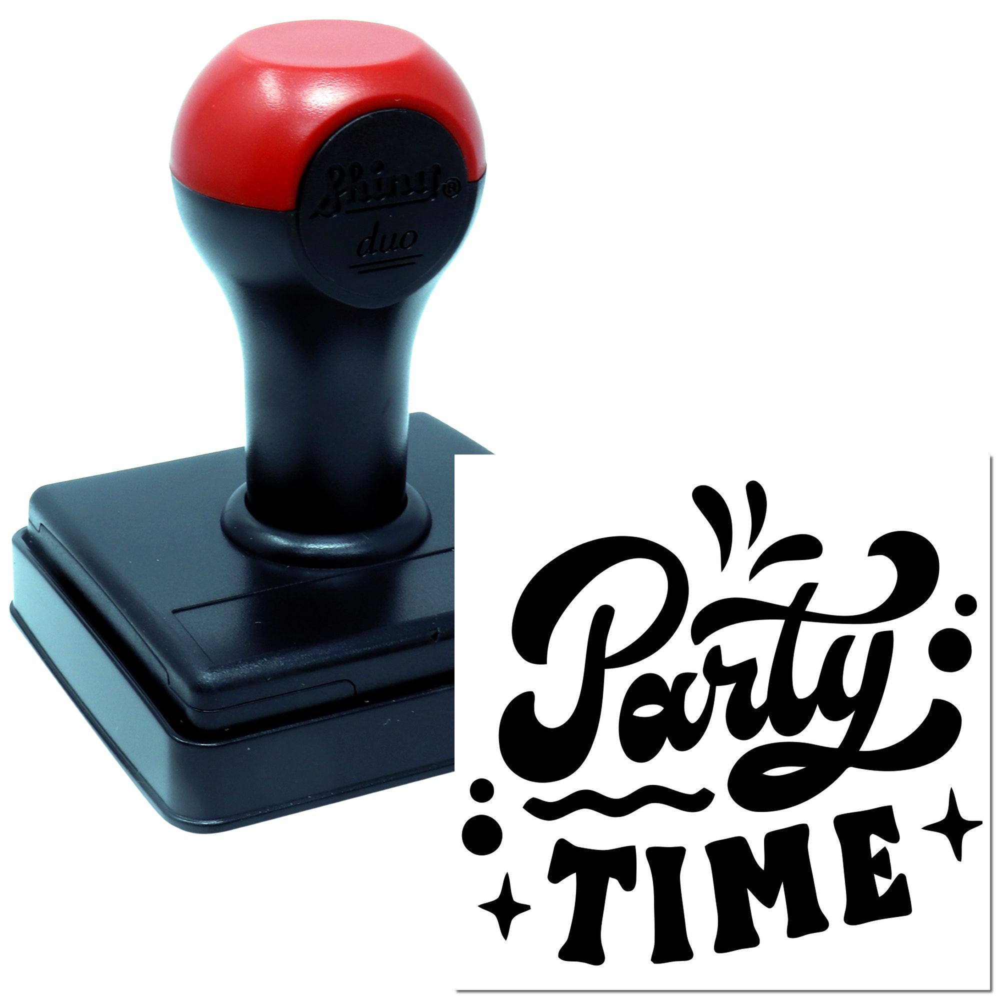 Self-inking rubber stamp with bold Party Time design for invitations, scrapbooking, and event crafts.