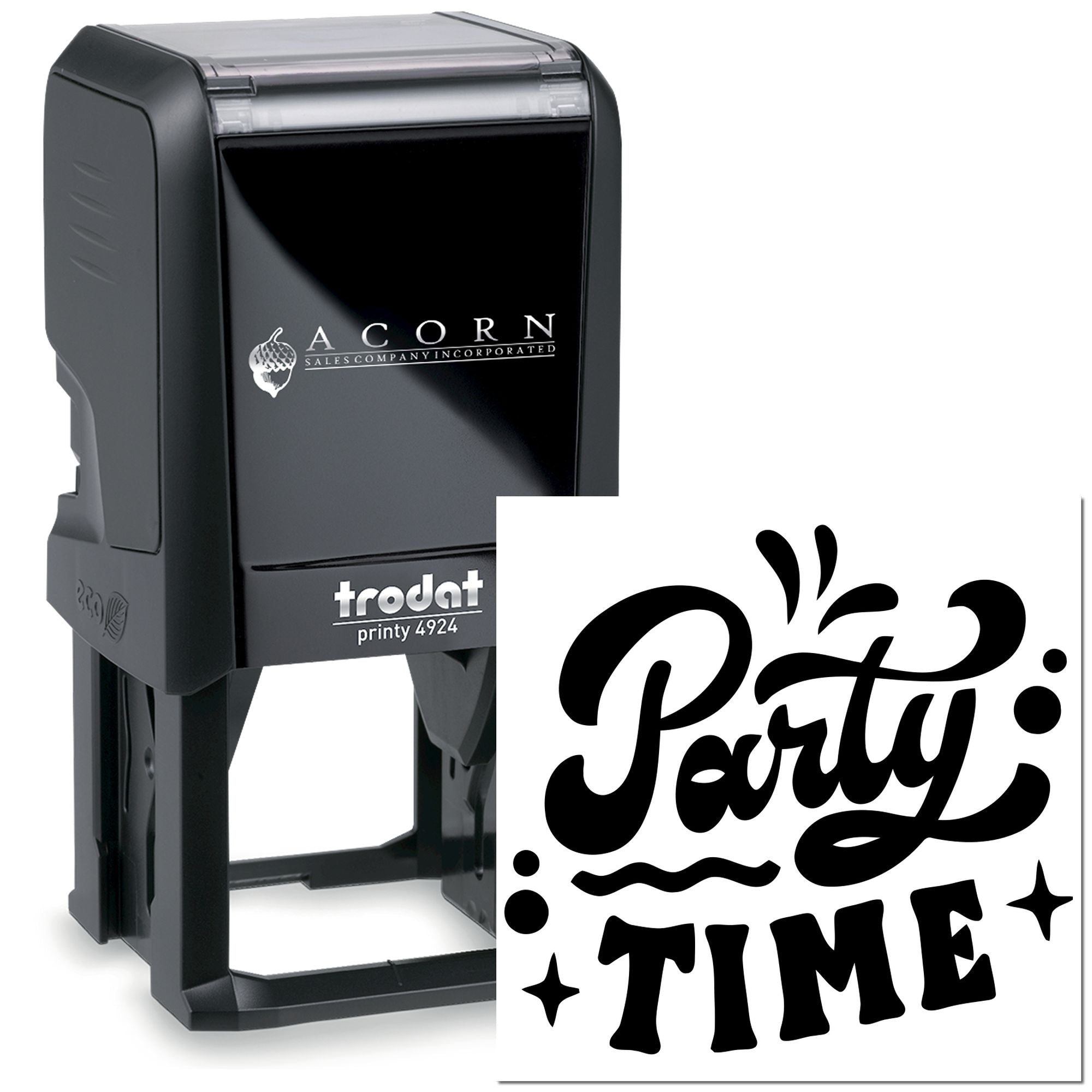 Trodat Printy 4924 self-inking rubber stamp with custom Party Time imprint for personalized event stamping