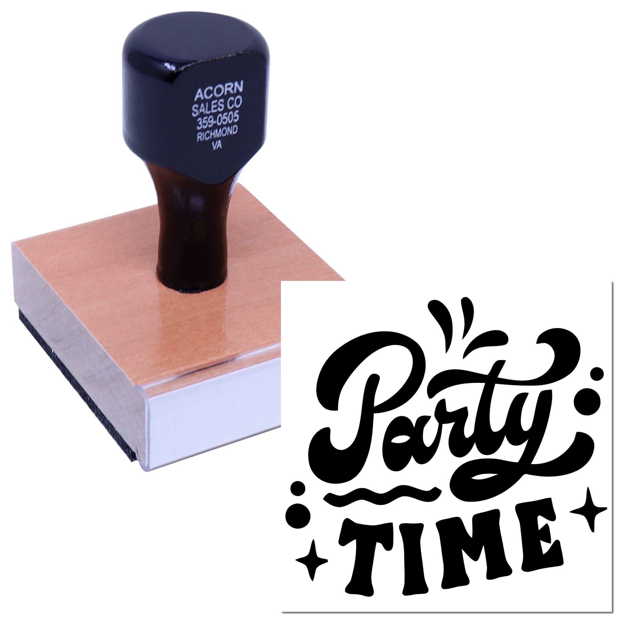 Custom rubber stamp with Party Time design on wooden block for event invitations and party crafts