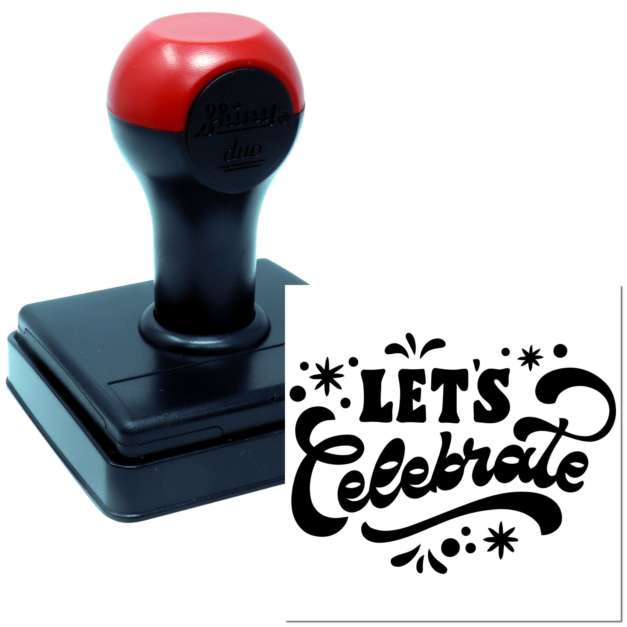 Custom self-inking rubber stamp with Lets Celebrate design for invitations, party favors, and craft projects.