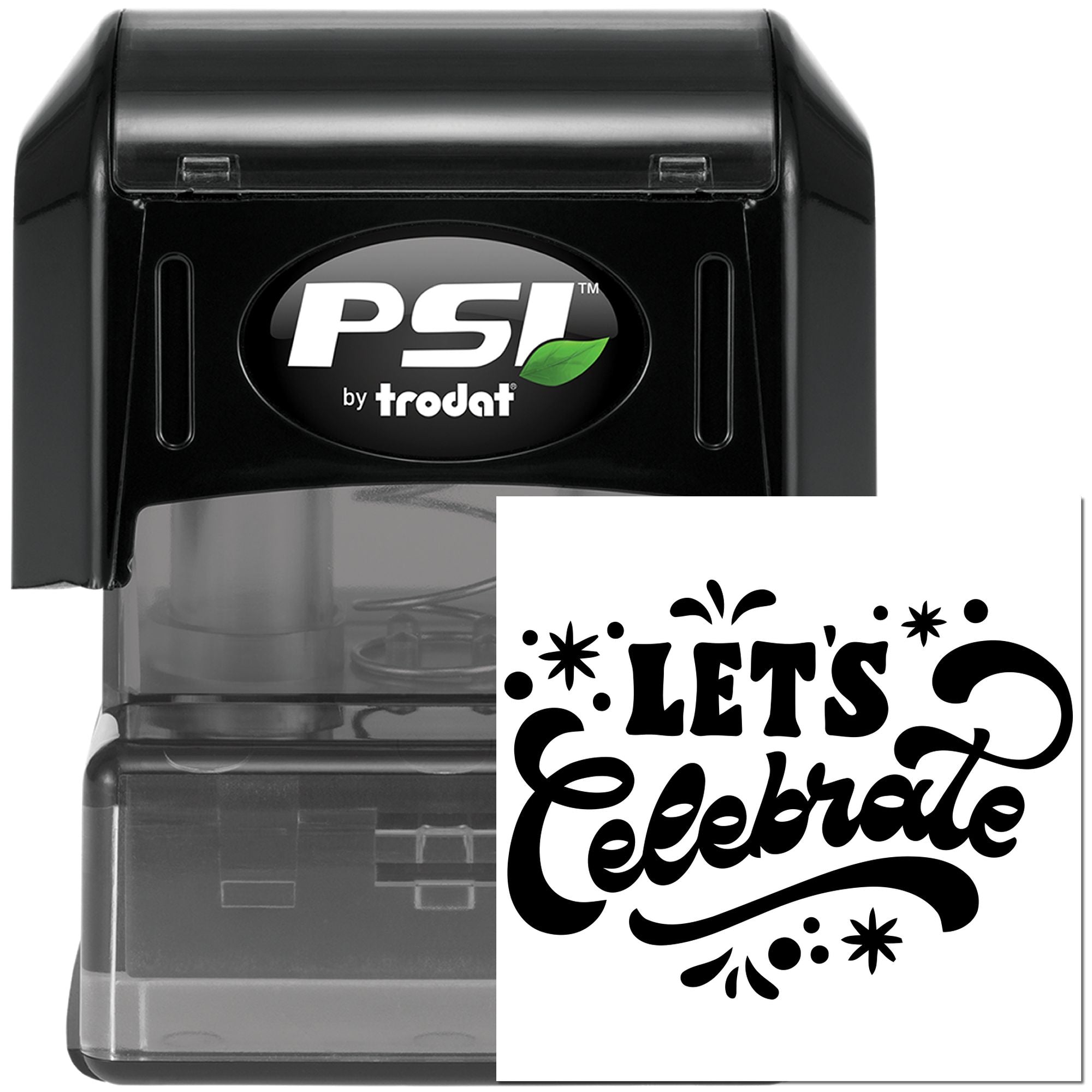 PSI by Trodat custom rubber stamp with Lets Celebrate design for party invitations, cards, and event craft stamping.