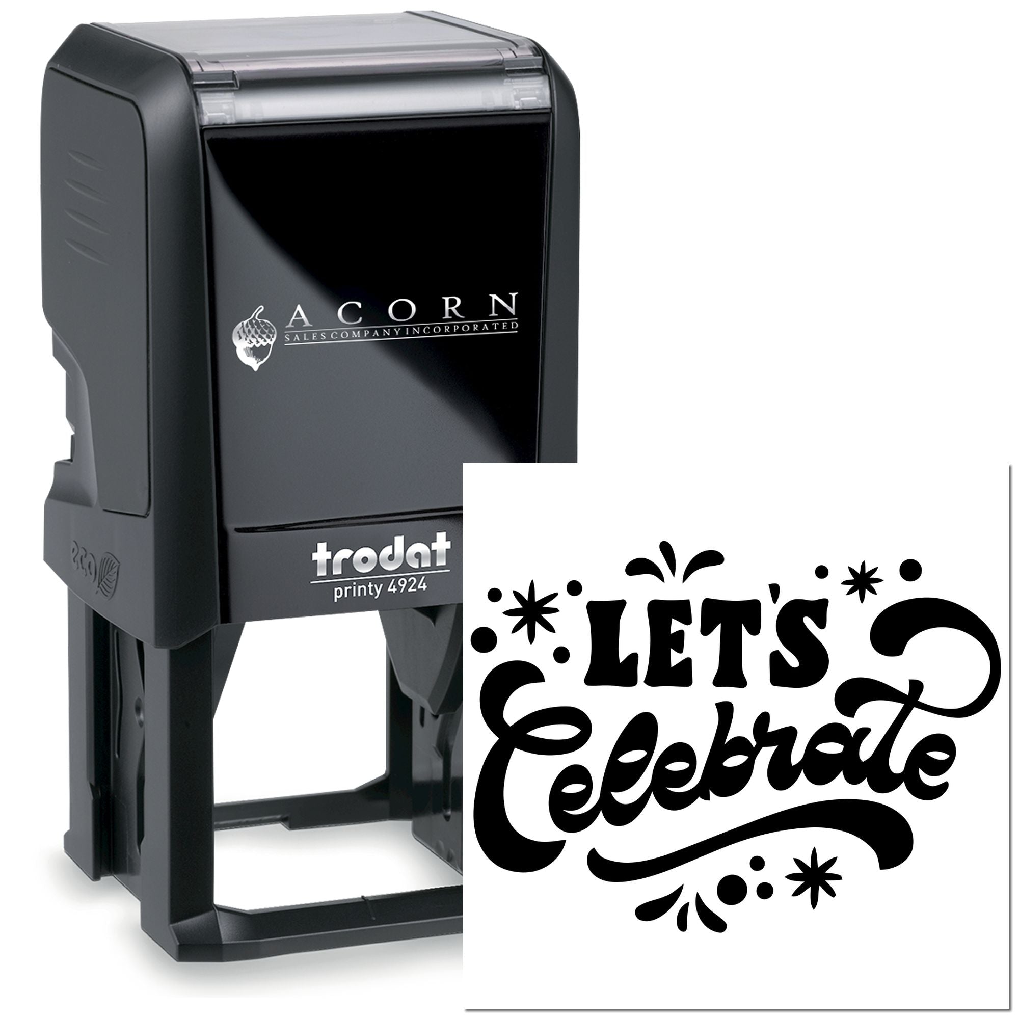 Custom self-inking rubber stamp with Lets Celebrate design, ideal for event invitations, party favors, and celebration packaging.