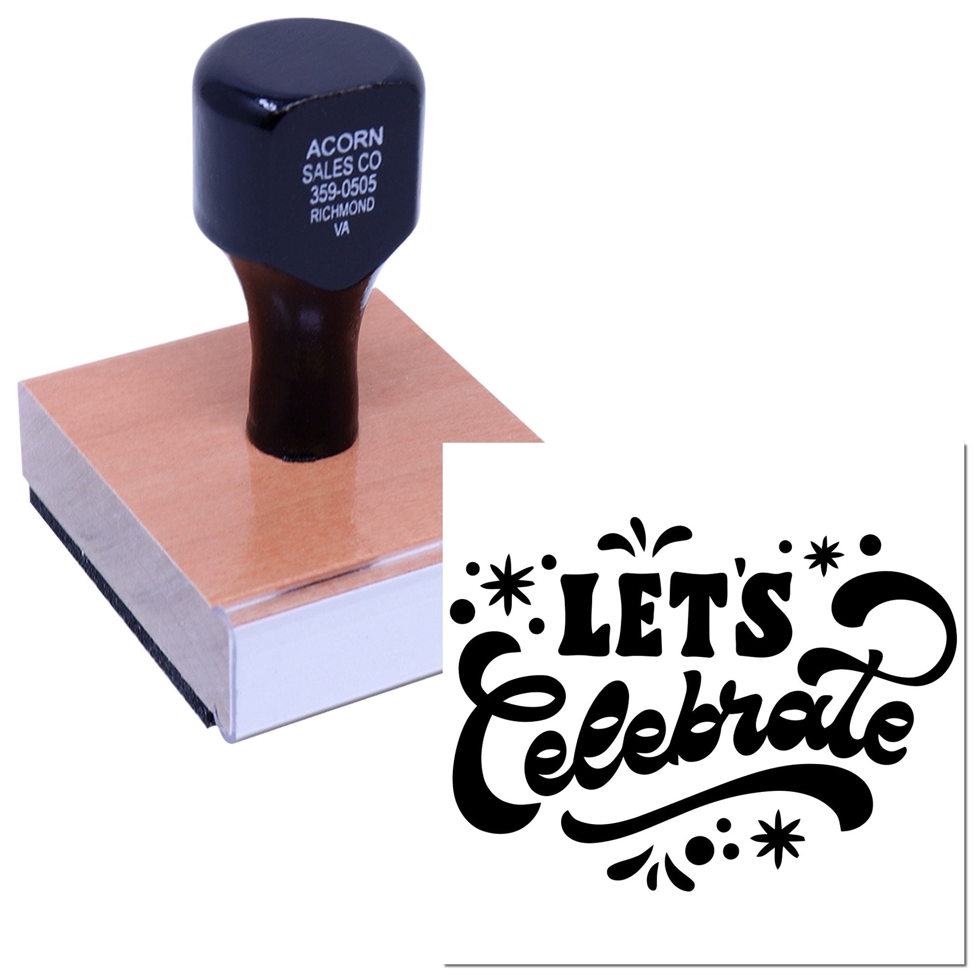 Custom rubber stamp with Lets Celebrate design for party invitations, event branding, and craft projects.