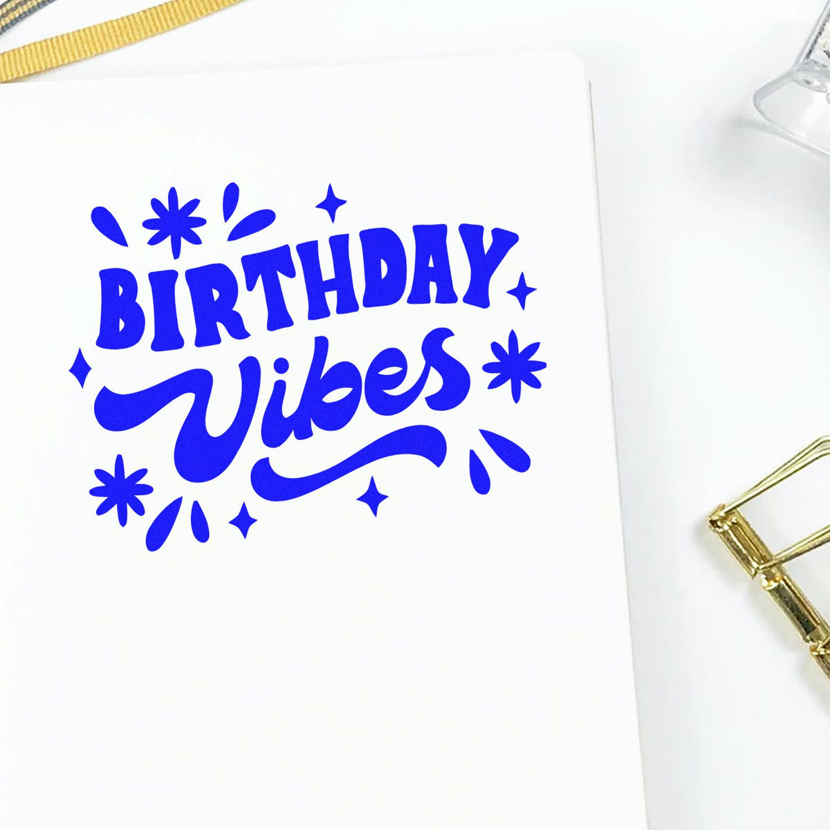 Blue Birthday Vibes rubber stamp design on white paper, perfect for handmade birthday cards and stationery.