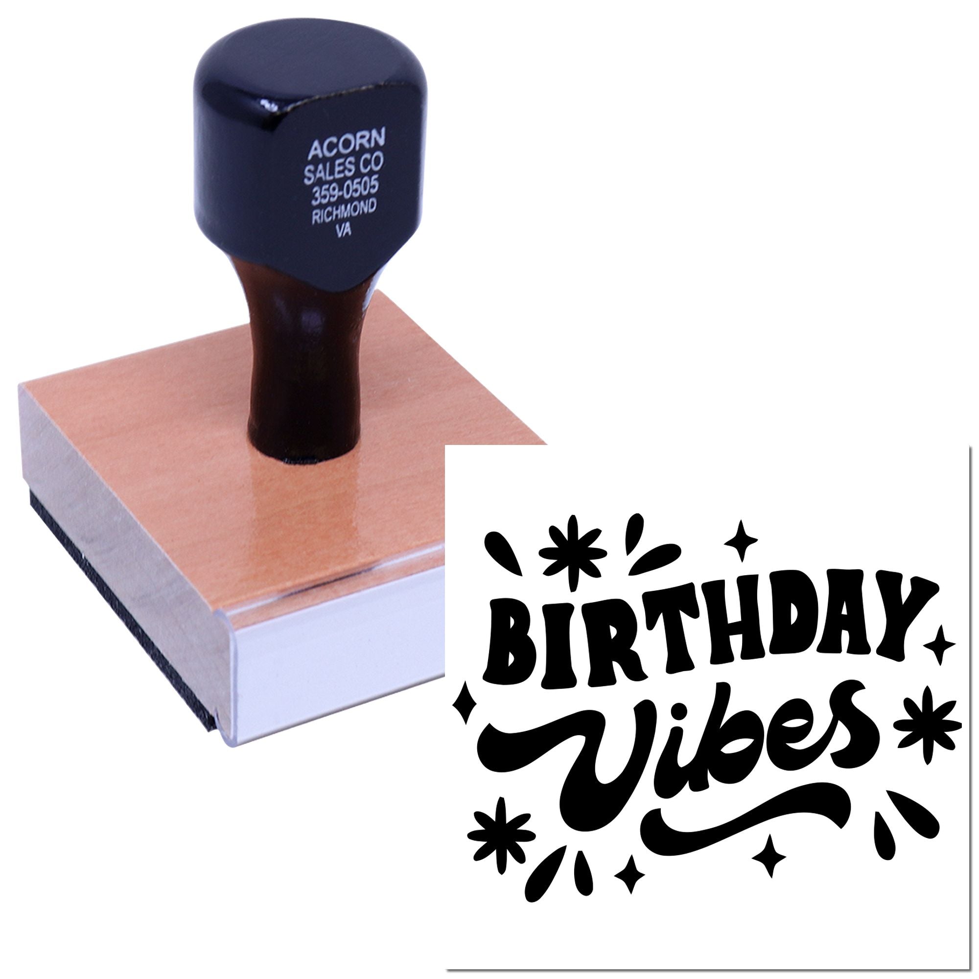 Custom rubber stamp showing Birthday Vibes design and stamp imprint for party invitations and craft projects.