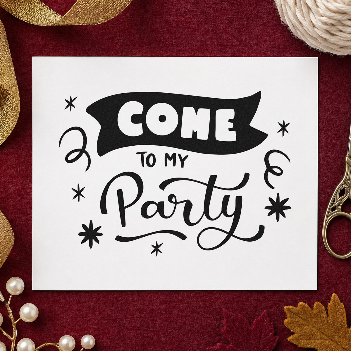 Come To My Party craft stamp imprint in black ink on a handmade project, one idea being invite pack gift tags.