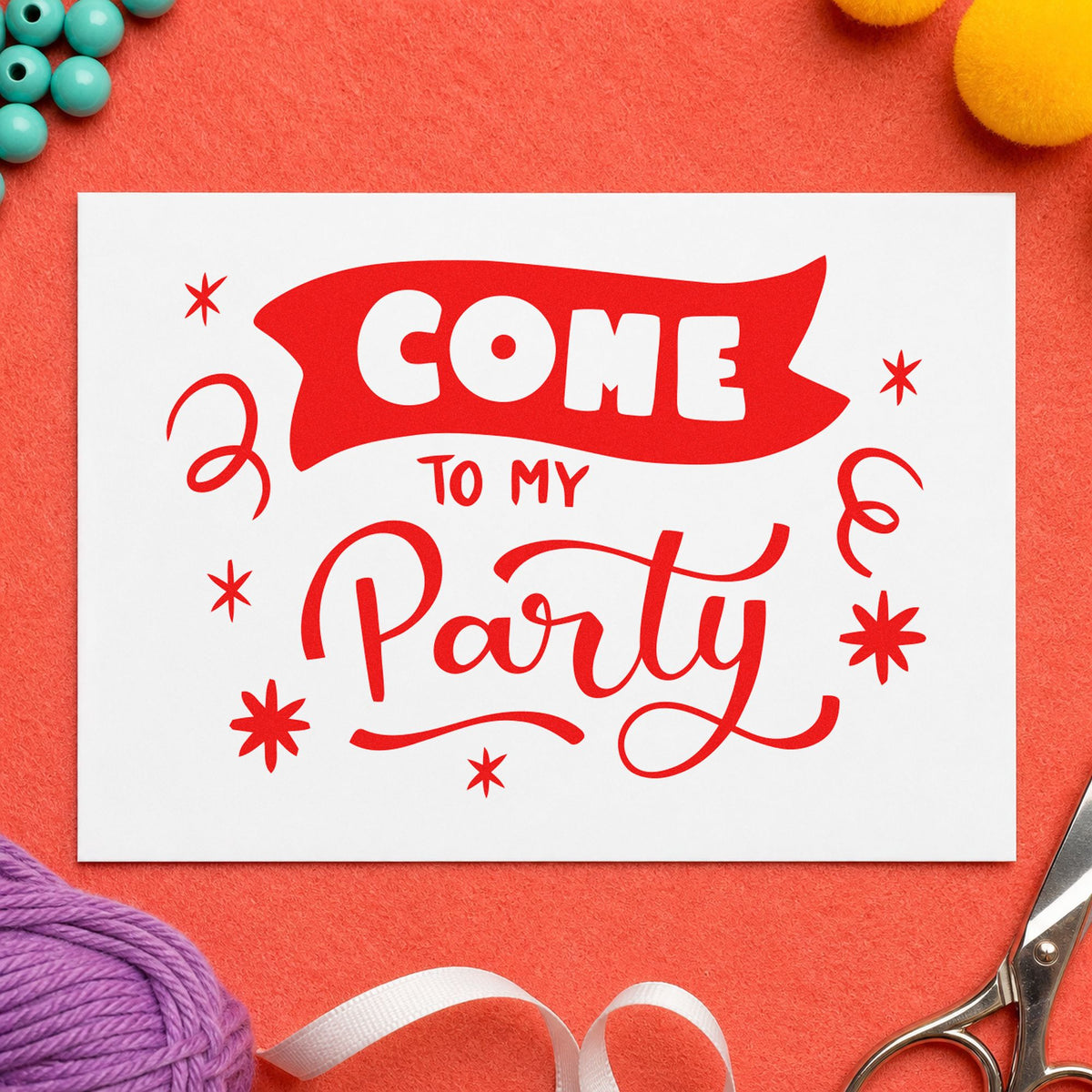 Come To My Party craft stamp imprint in red ink on a handmade project, one idea being text proof cards.