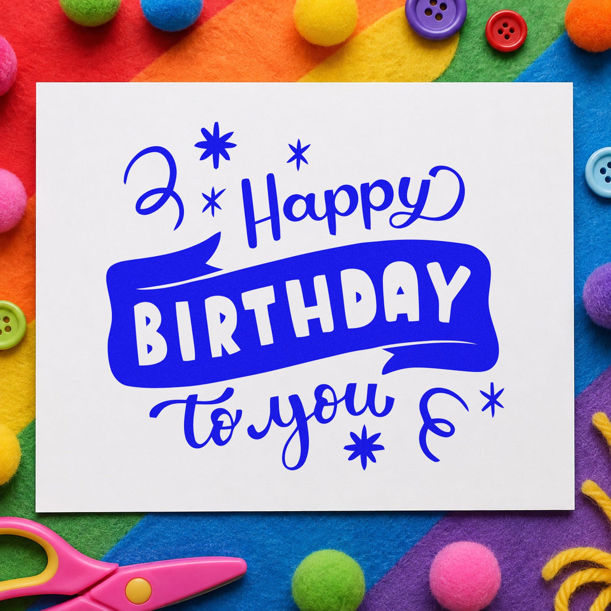Happy Birthday To You craft stamp in blue ink on cardstock, an easy option for circle mat printing.