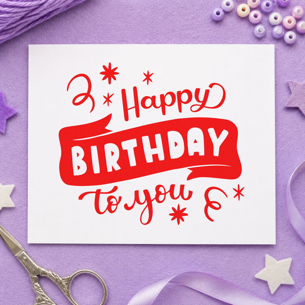 Happy Birthday To You rubber stamp shown in red ink, stamped for projects such as bin instrument labels.