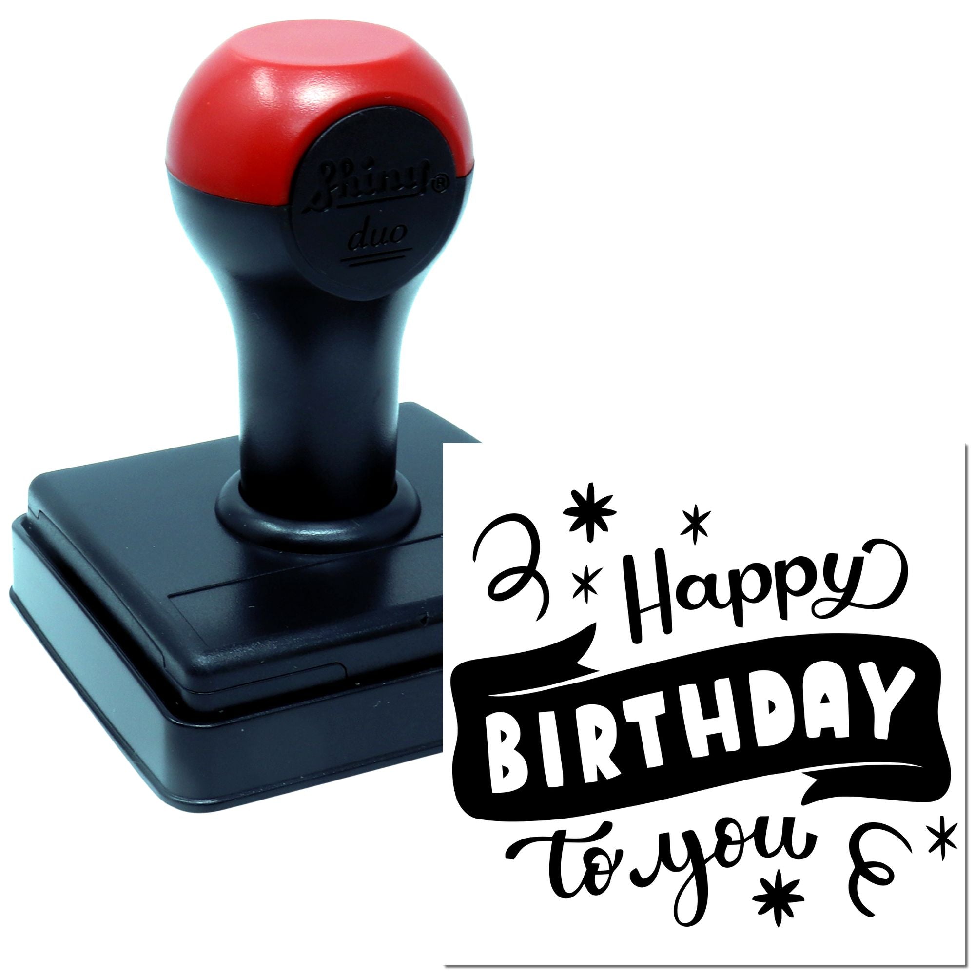 Self-inking birthday rubber stamp with Happy Birthday design for cards, party invitations and crafts.