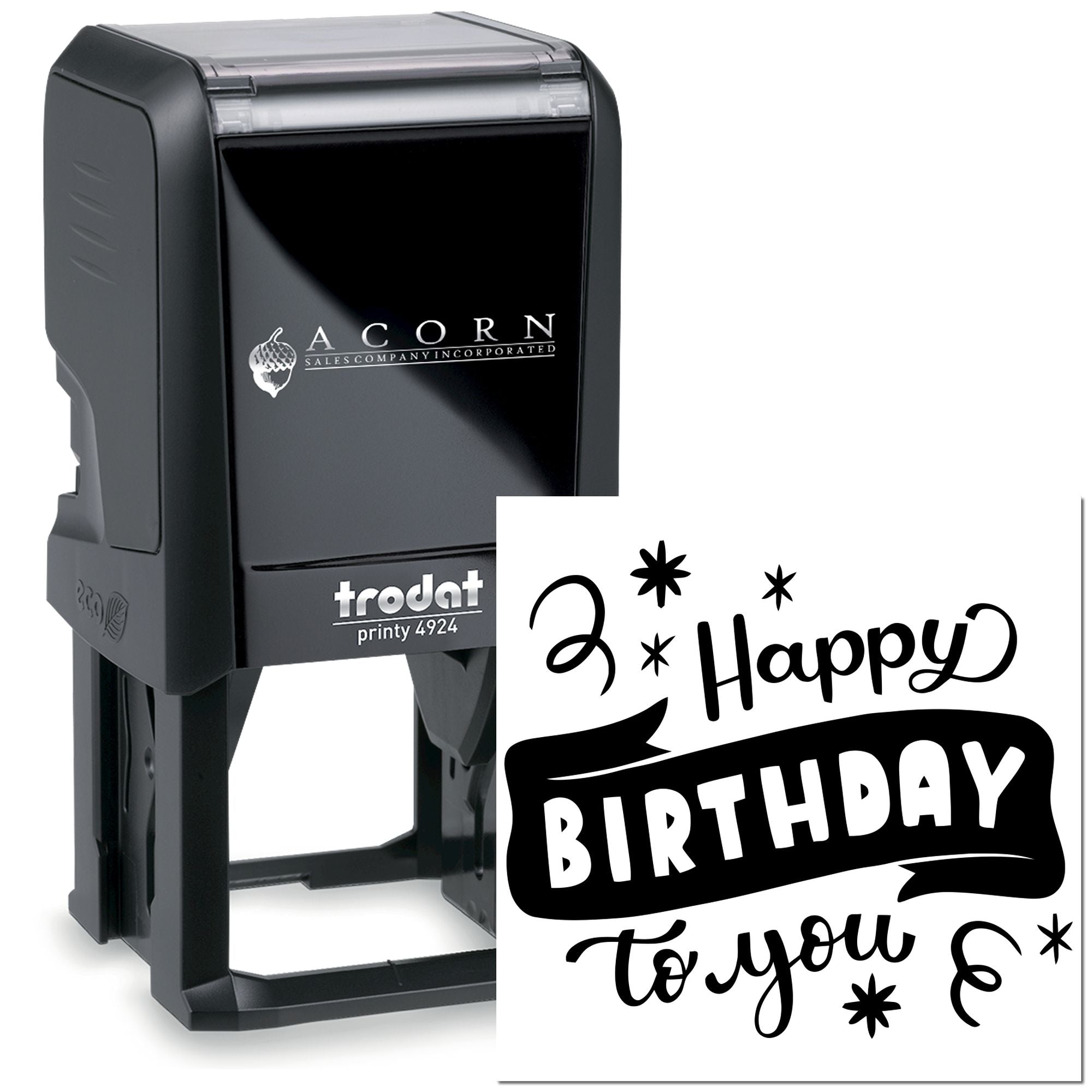 Custom self-inking birthday rubber stamp with Happy Birthday to you design, ideal for greeting cards, invitations, and packaging.