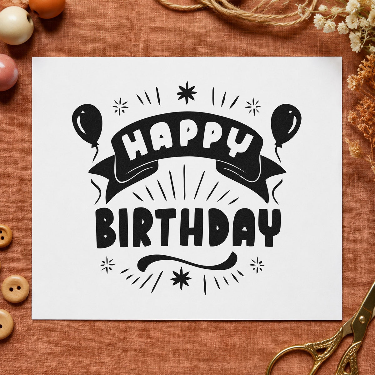 Happy Birthday Balloons Banner craft stamp in black ink on cardstock, an easy option for pitch year album page.