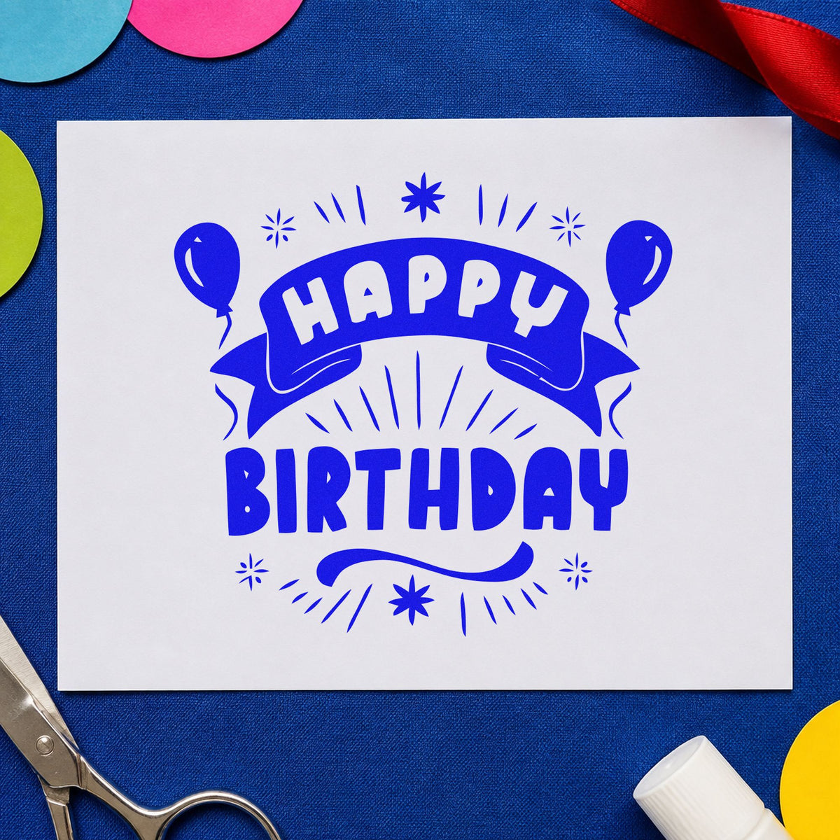 Happy Birthday Balloons Banner craft stamp in blue ink on cardstock, an easy option for camp bunting printing.