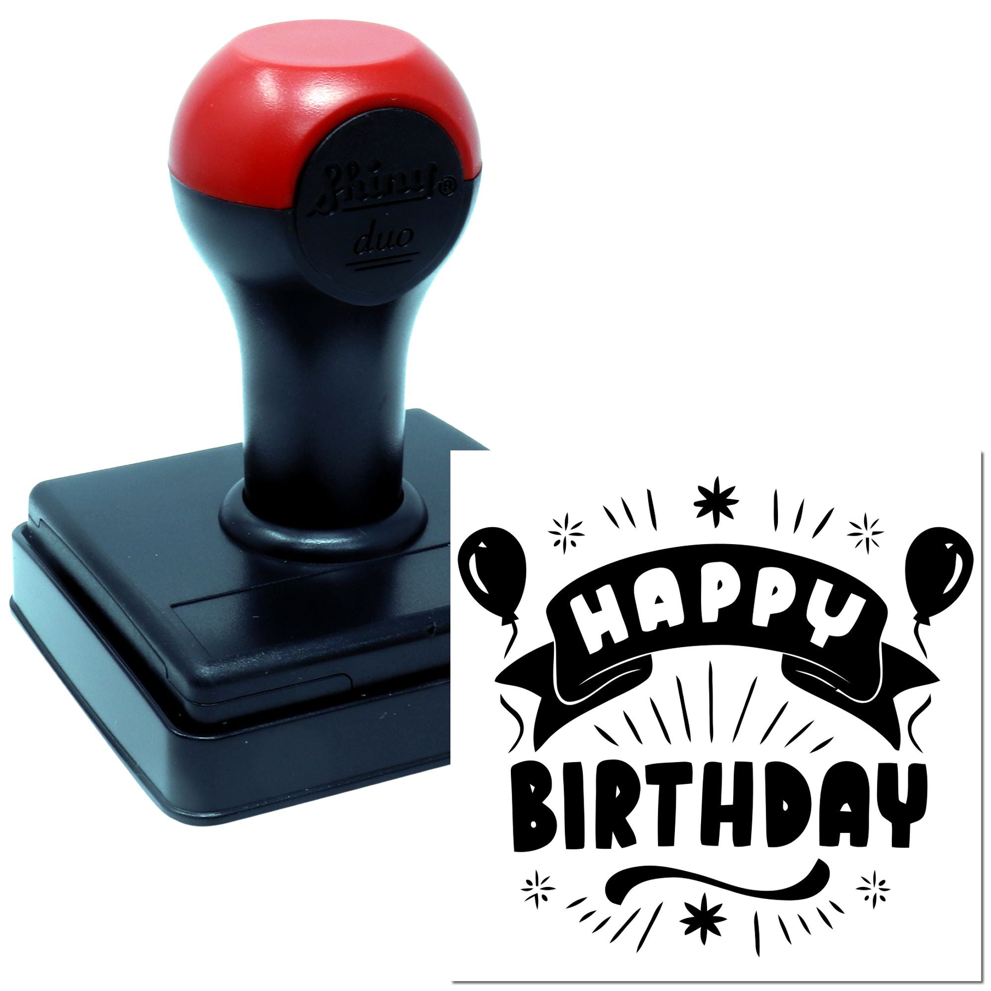 Happy Birthday rubber stamp with self-inking mount, perfect for birthday cards, party favors, and custom invitations.