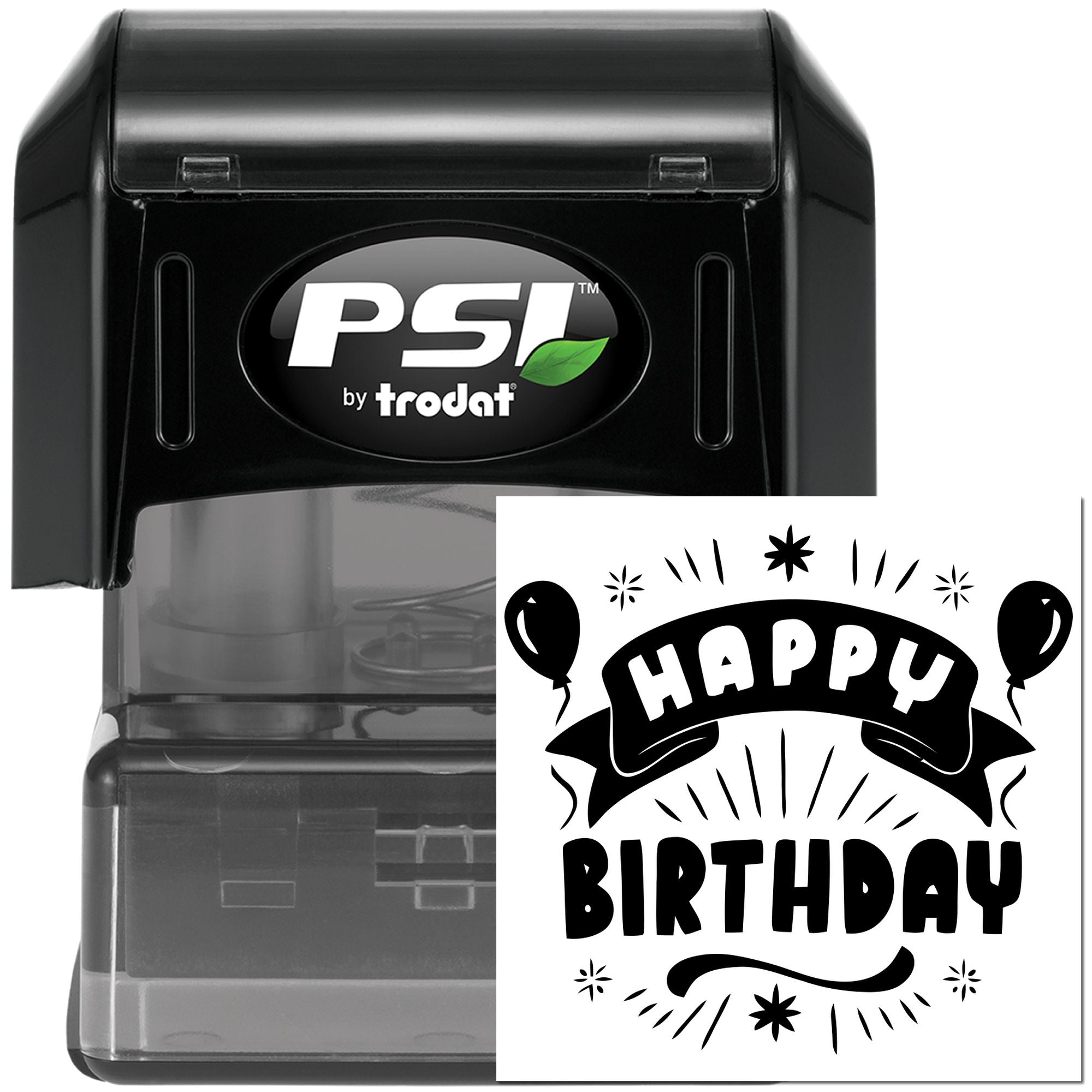 PSI by Trodat self-inking birthday stamp with Happy Birthday design for personalized party and greeting card stamping.