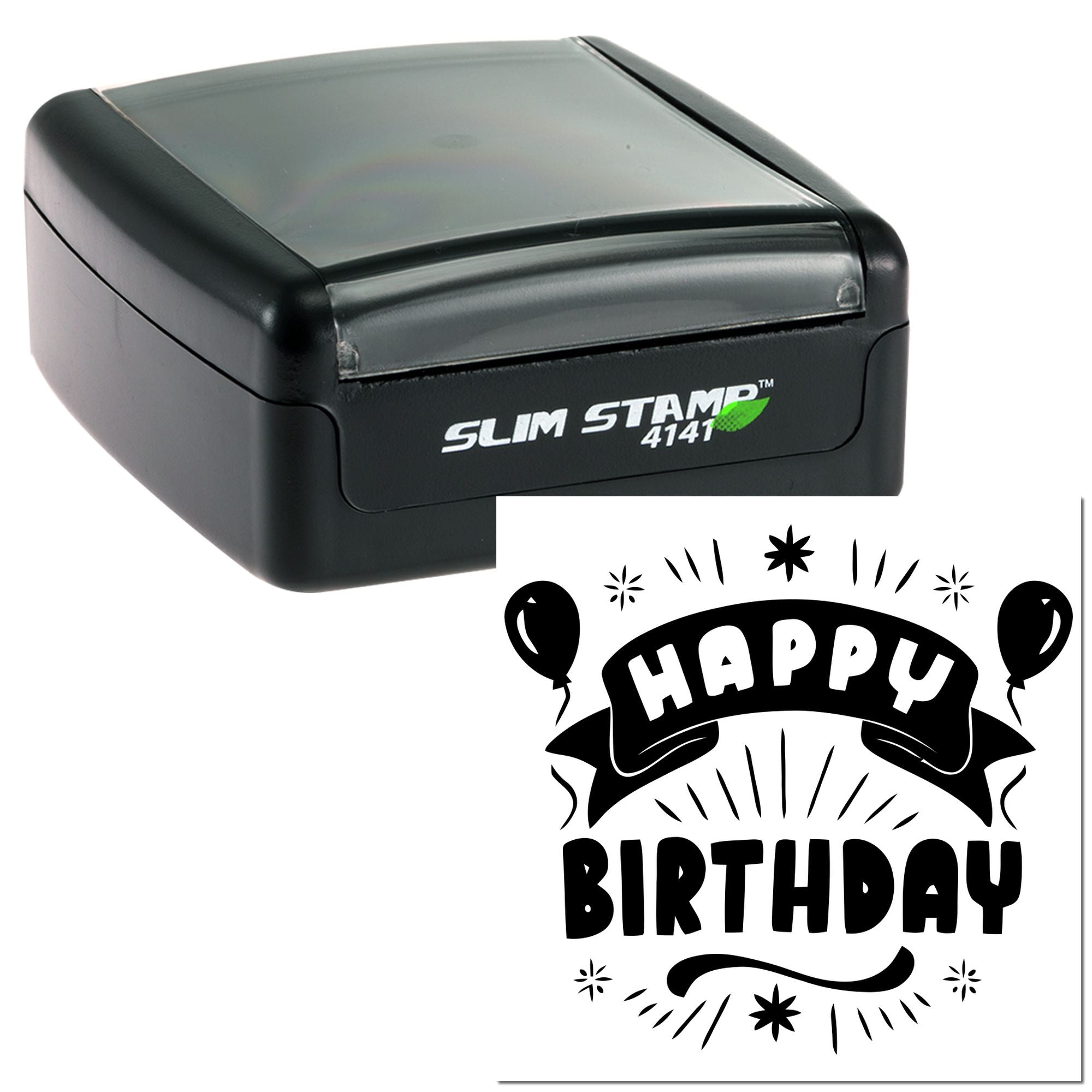 Self-inking birthday rubber stamp with Happy Birthday balloon design for cards, invitations and party crafts.