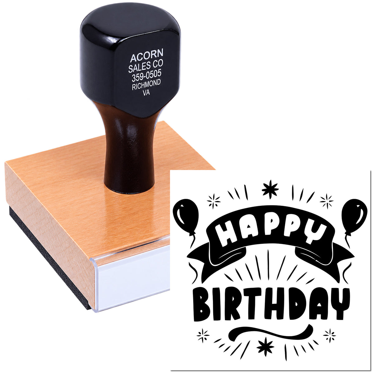 Custom Happy Birthday rubber stamp with balloon design for cards, invitations, and party stationery.