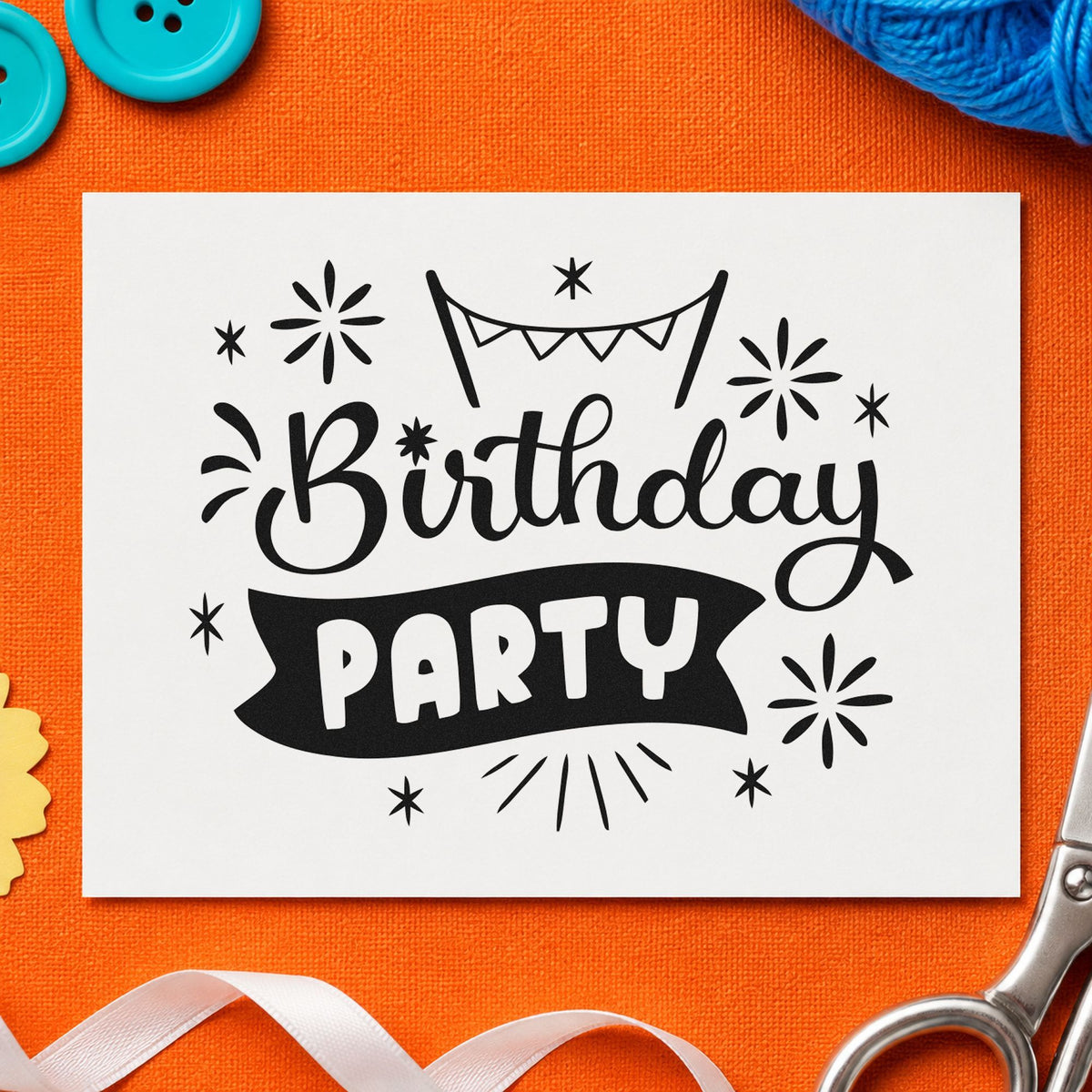 Birthday Party Bunting Banner craft stamp in black ink on cardstock, an easy option for fundraiser album page.