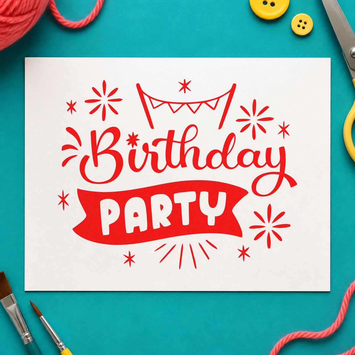 Birthday Party Bunting Banner rubber stamp shown in red ink, stamped for projects such as bin stall labels.