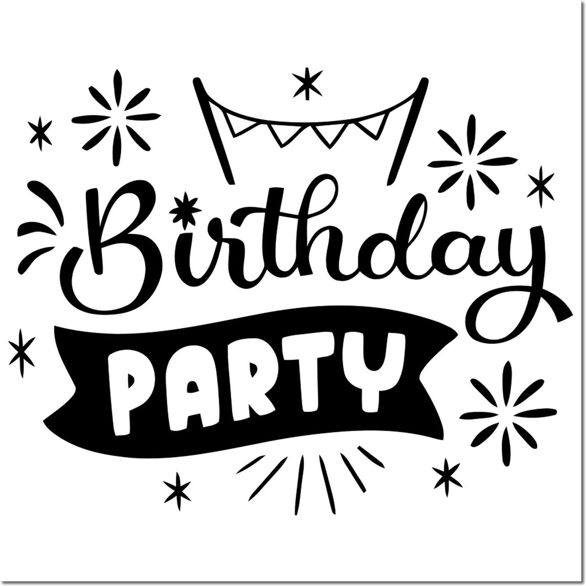 Birthday Party rubber stamp design with bunting and starbursts in bold black and white.