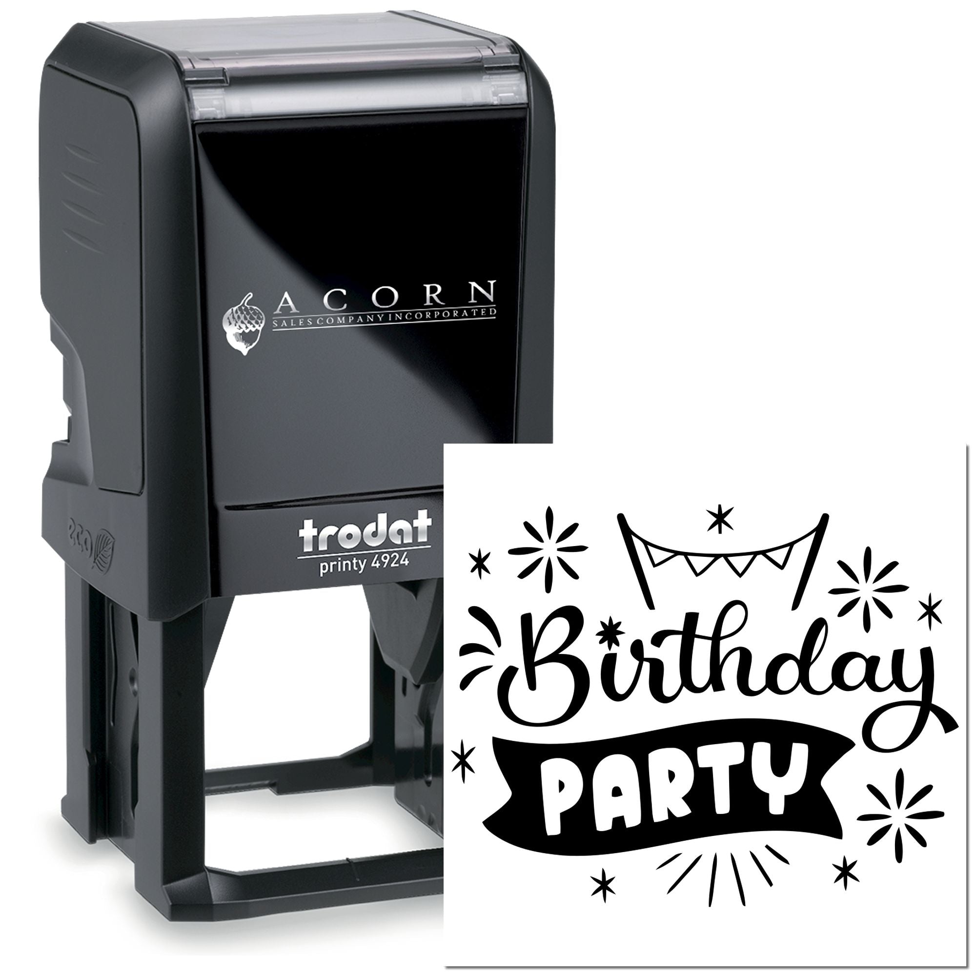 Custom birthday party self-inking rubber stamp, Trodat Printy 4924, for invitations, favors, and party crafts.