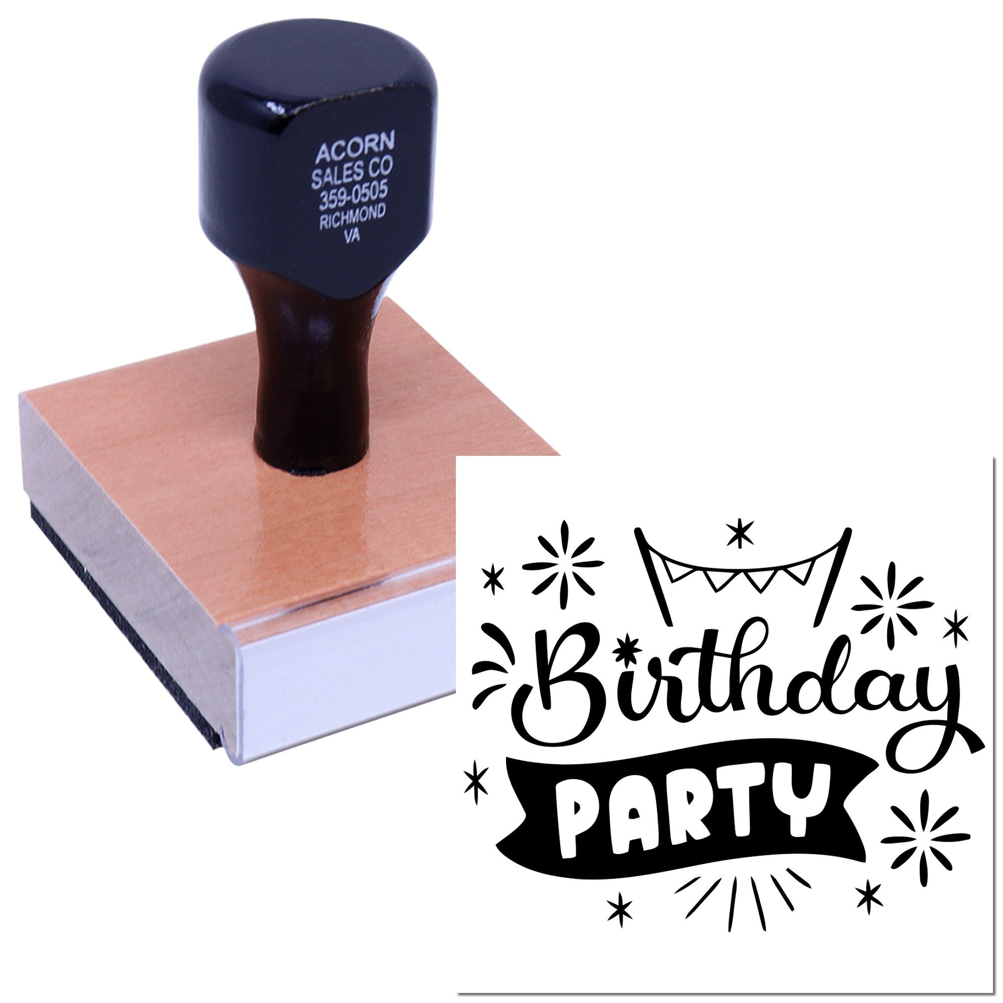 Custom rubber stamp with birthday party design, ideal for personalized invitations, cards, and craft projects.
