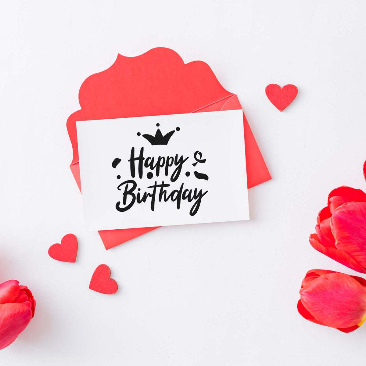 Birthday Crown Confetti Script Pre-Inked Stamp – PSI imprint stamped in black ink. Happy Birthday appears in bold script below a small crown amid dots and curled confetti.