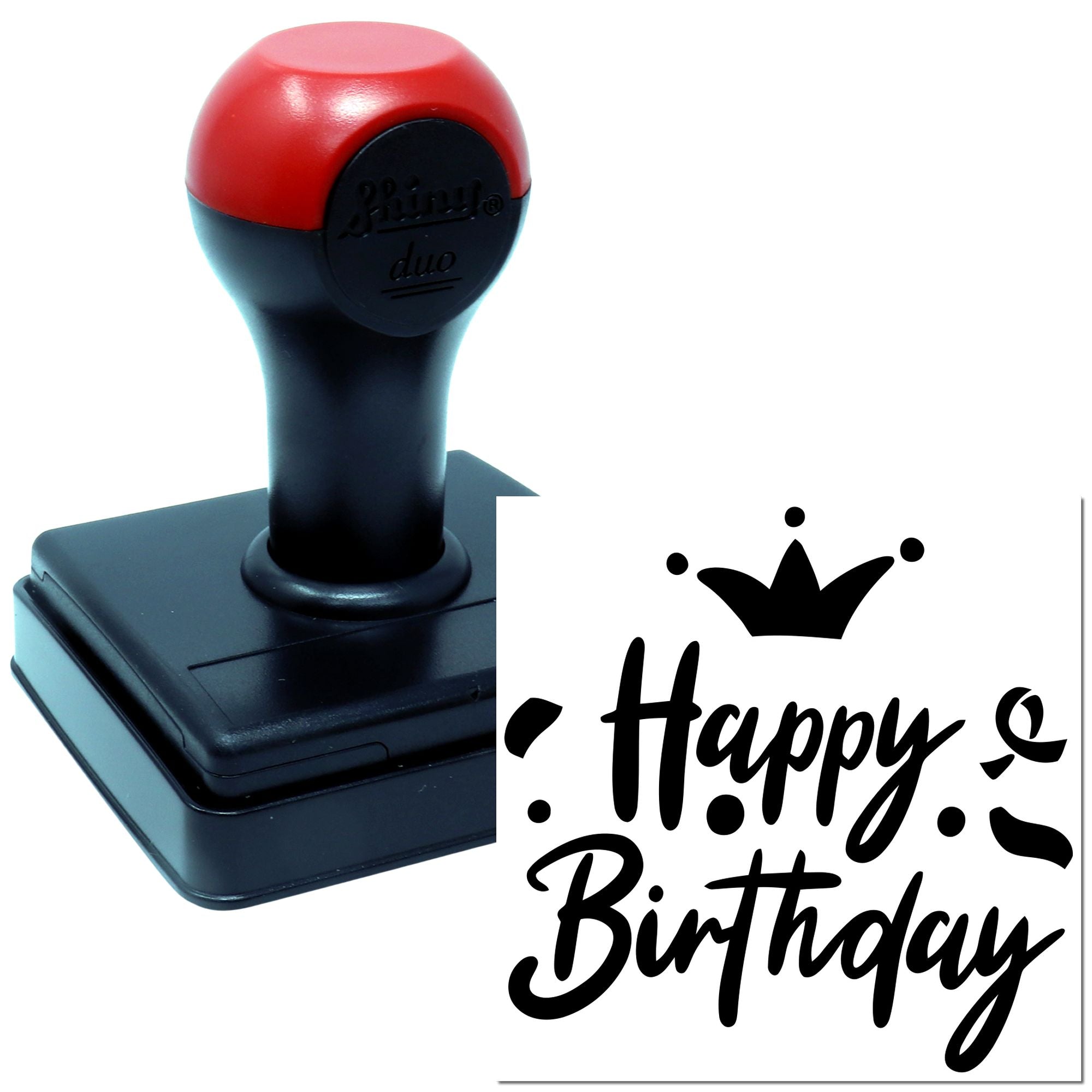 Happy Birthday self-inking rubber stamp with custom design for greeting cards and birthday invitations.