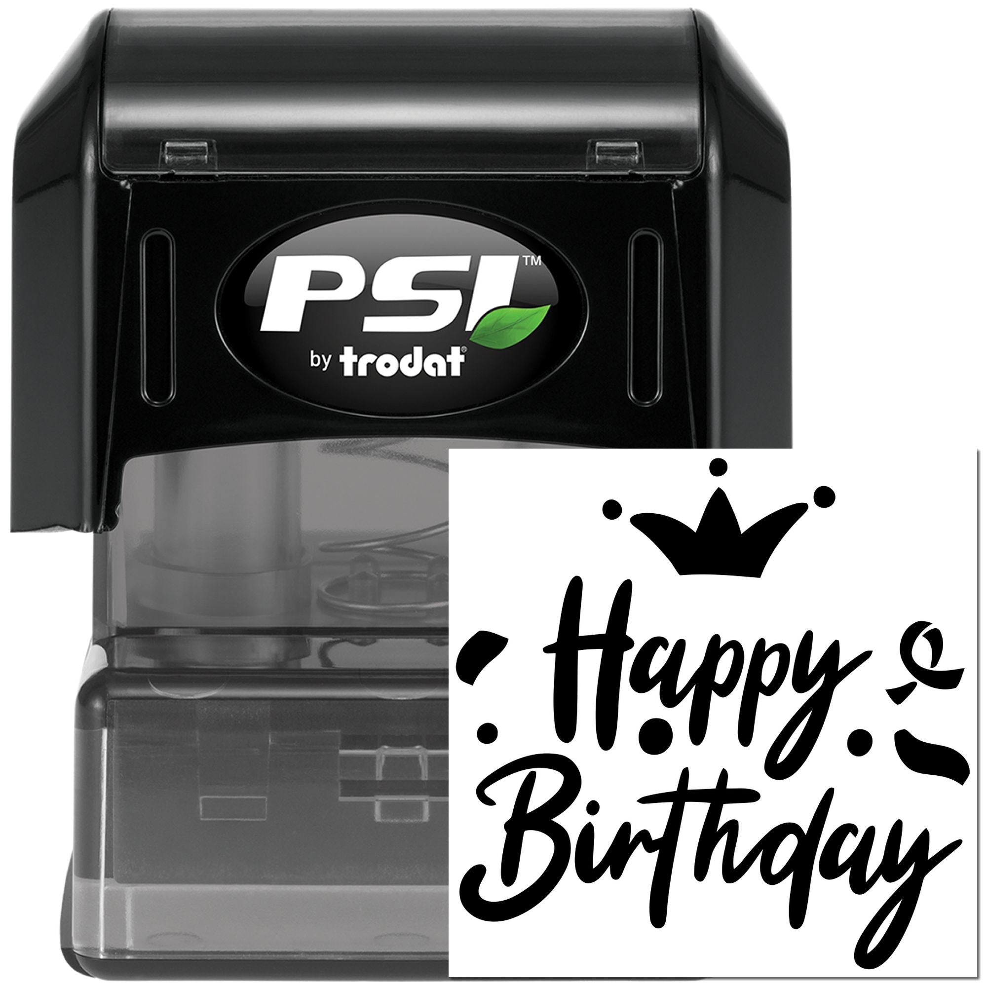 PSI by Trodat self-inking rubber stamp with Happy Birthday design for custom birthday cards and party invites.