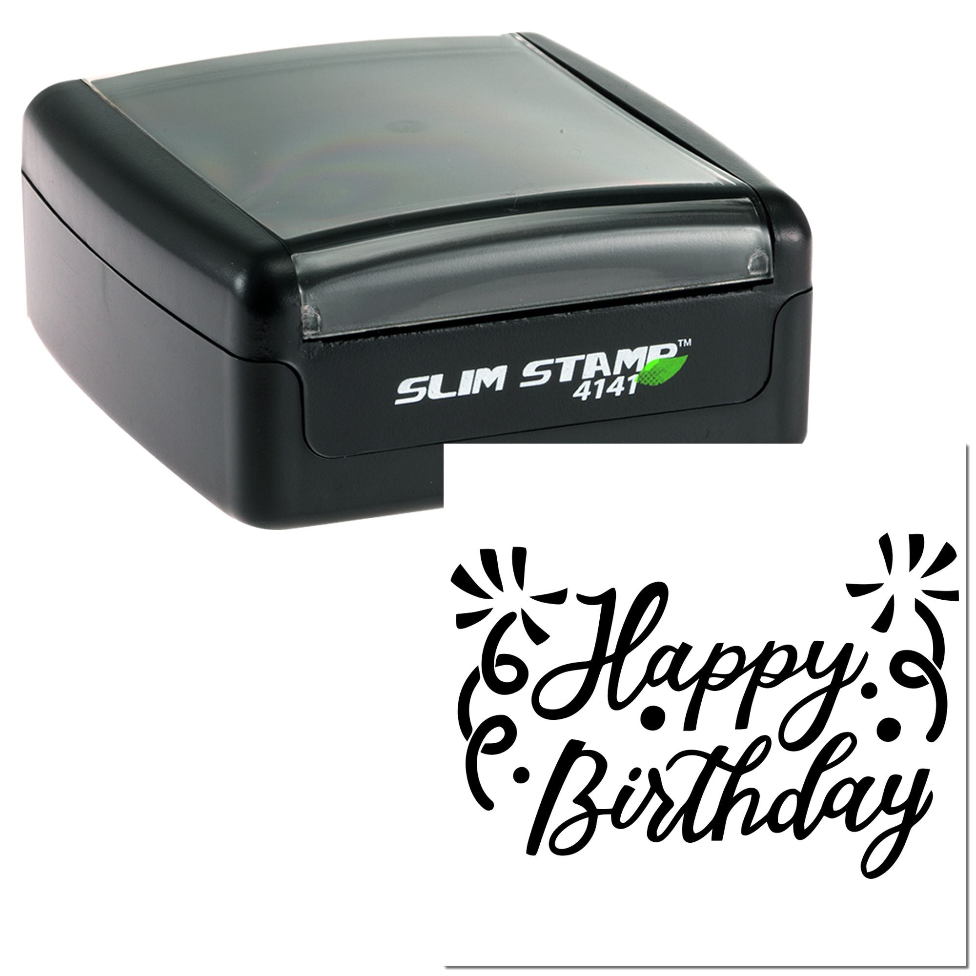 Slim Stamp 4141 rubber stamp with custom Happy Birthday design for cards, invitations, and party favors.