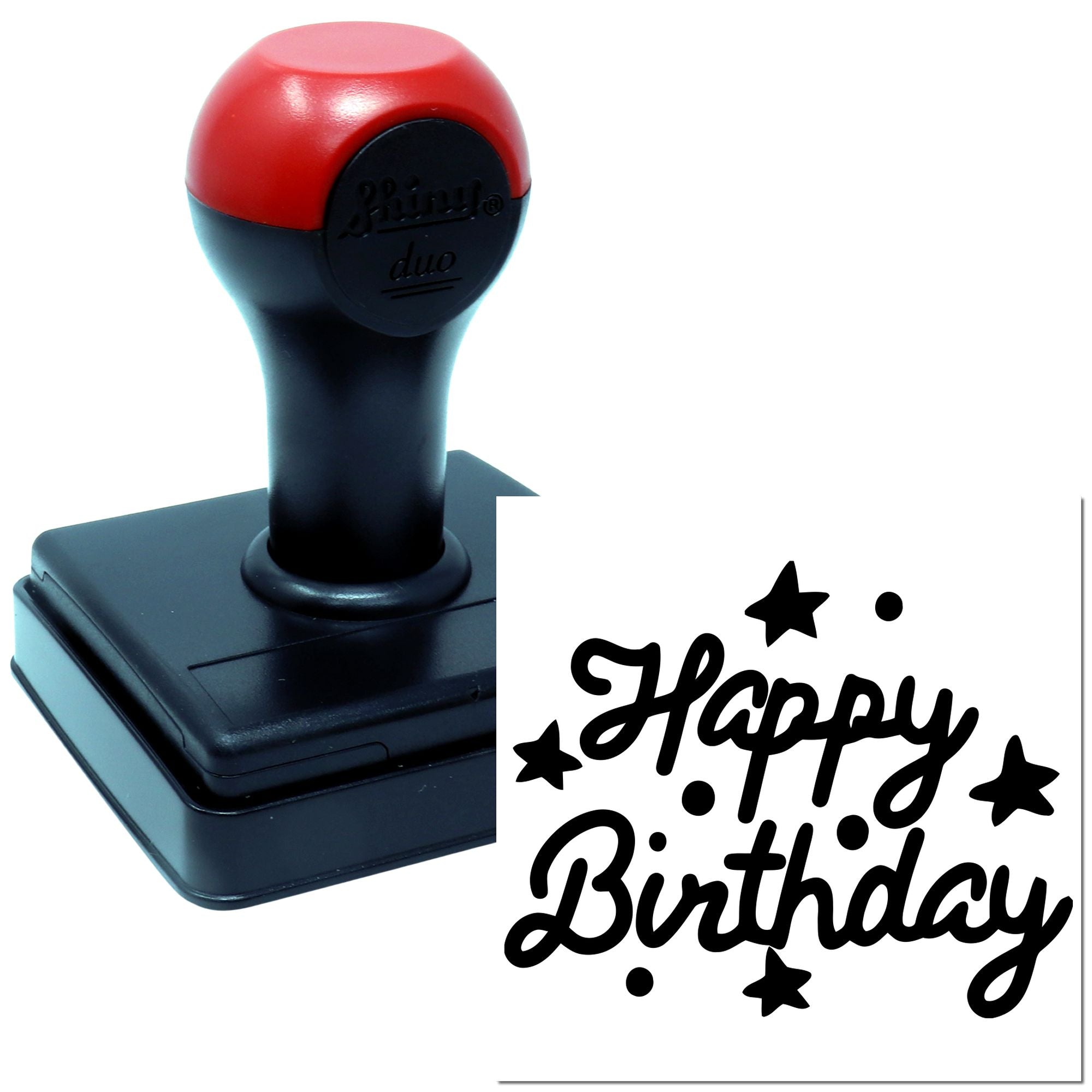 Self-inking Happy Birthday rubber stamp with star accents, ideal for birthday cards, invitations, and craft projects.